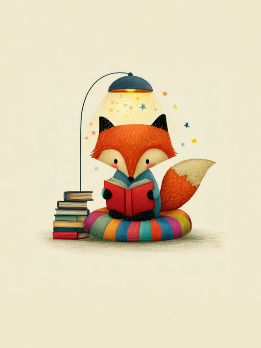 Reading Fox Under Cozy Lamp Whimsical Animal Illustration for Nursery and Kids Room