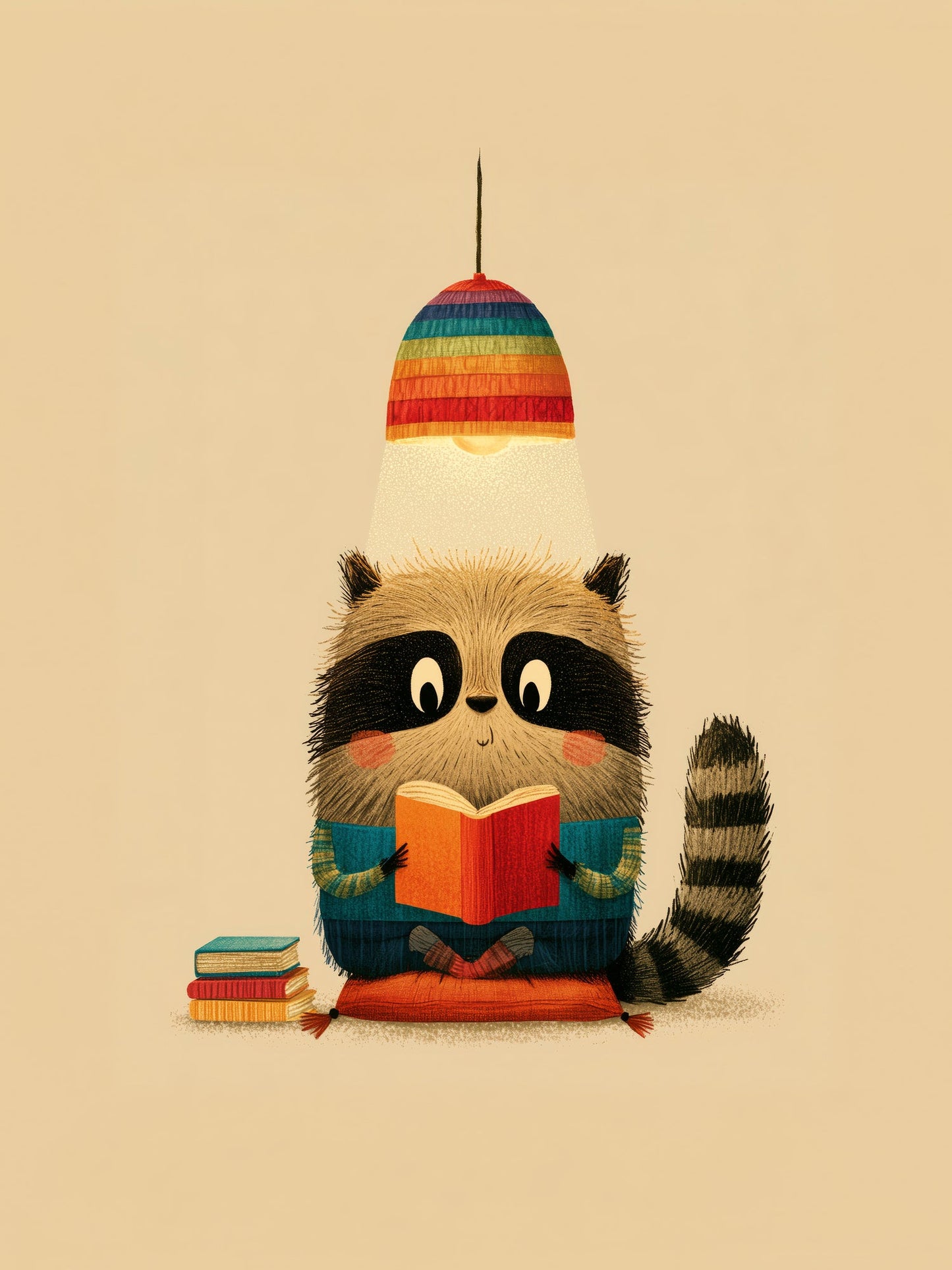 Reading Raccoon Under Rainbow Lamp – Whimsical Woodland Nursery Illustration in Cozy Beige and Blue