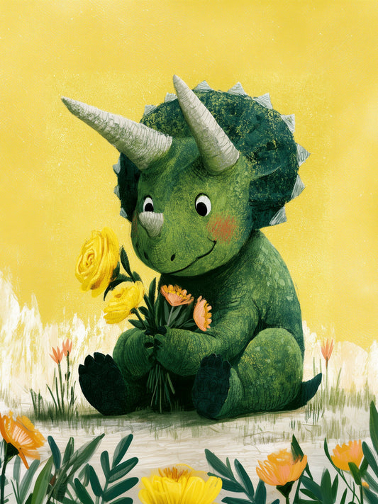 Sweet Green Dinosaur with Yellow Flowers – Whimsical Nursery Illustration on Sunny Yellow Background