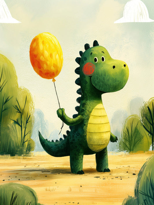 Cheerful Green Dinosaur with Yellow Balloon – Whimsical Nursery Illustration in Soft Greens and Sunshine Yellows