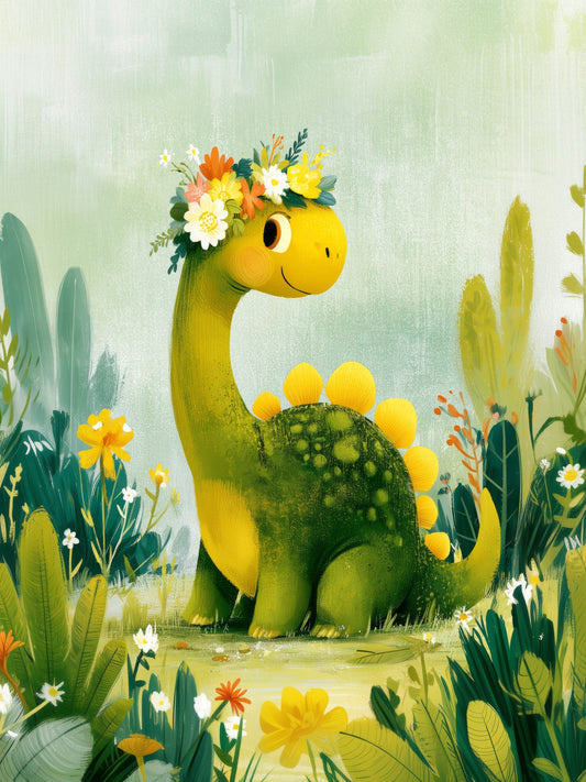 Smiling Dinosaur with Flower Crown in Wildflower Meadow - Whimsical Green and Yellow Nursery Wall Art Illustration