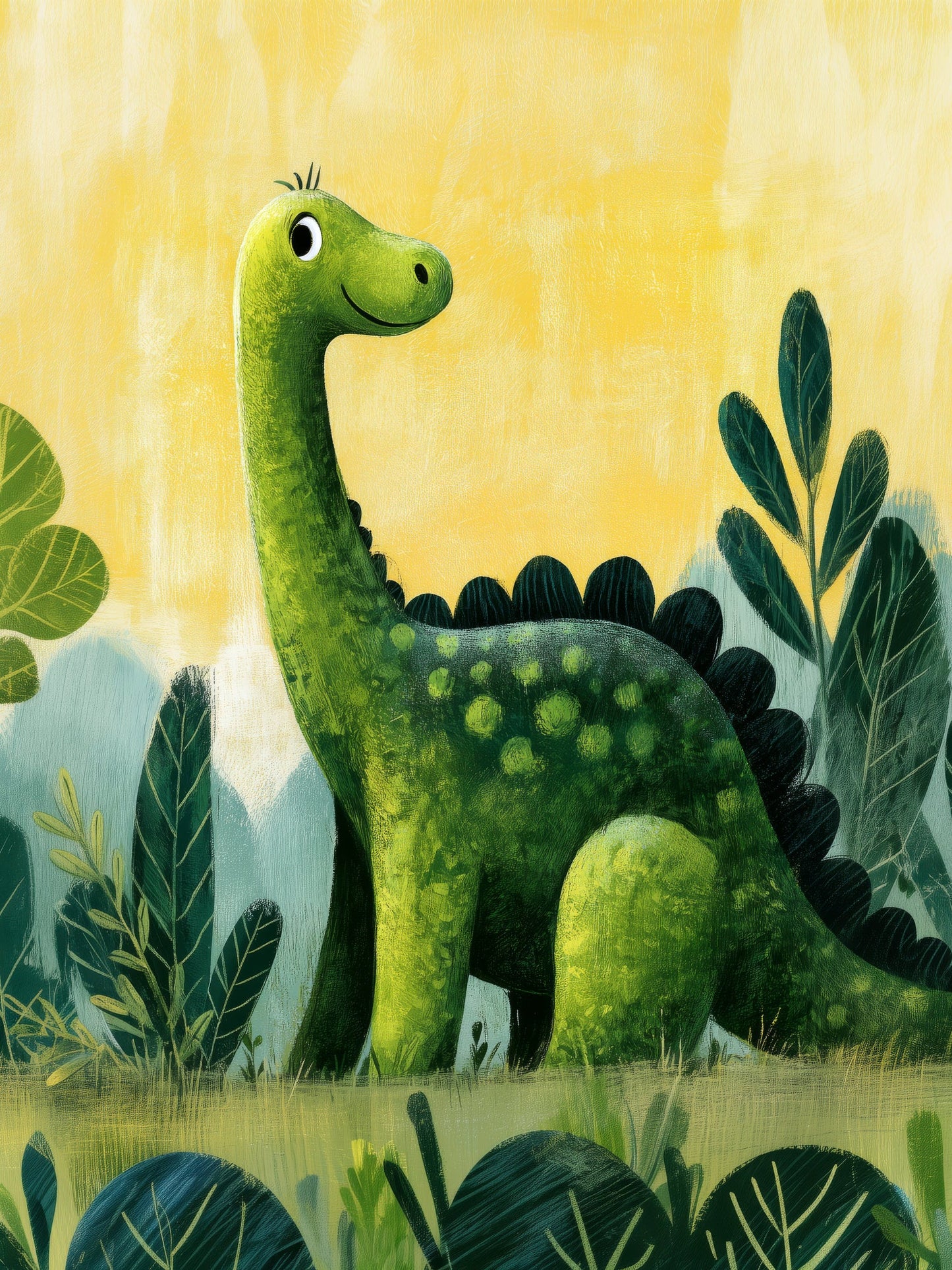 Happy Green Dinosaur in a Jungle – Whimsical Kids Wall Art Print, Playful Nursery Decor, Cute Brontosaurus Illustration