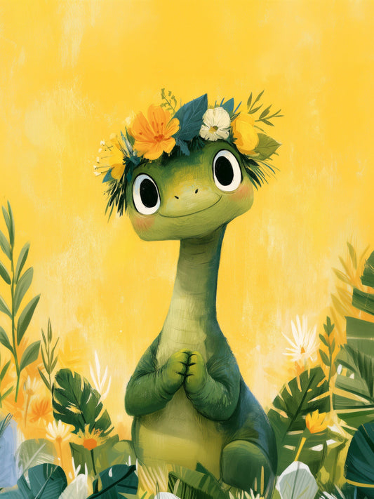Smiling Dinosaur with Flower Crown on Sunny Yellow - Whimsical Green Nursery Illustration