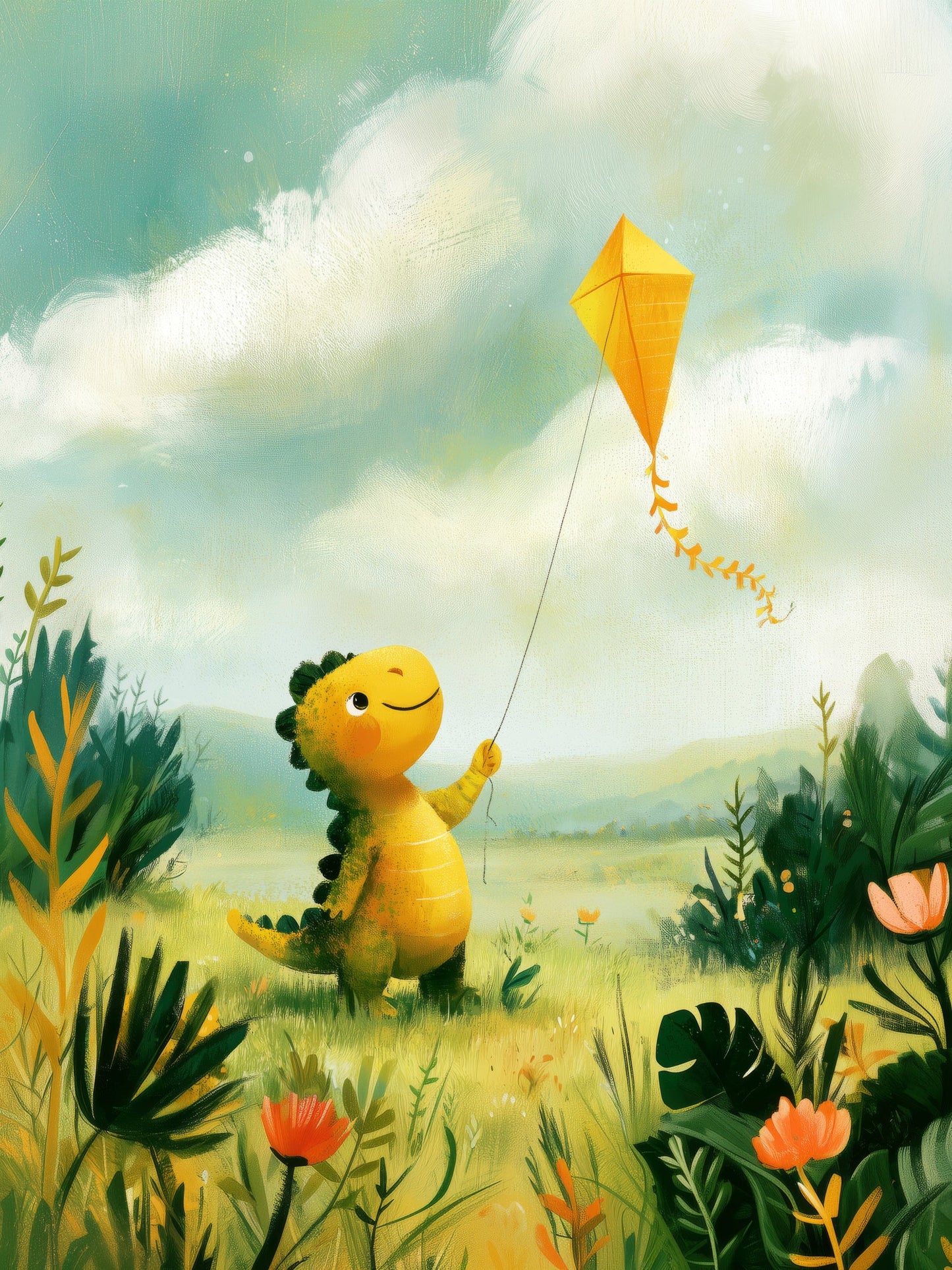 Playful Dinosaur Flying a Yellow Kite in a Sunny Meadow – Whimsical Illustrative Nursery Wall Art