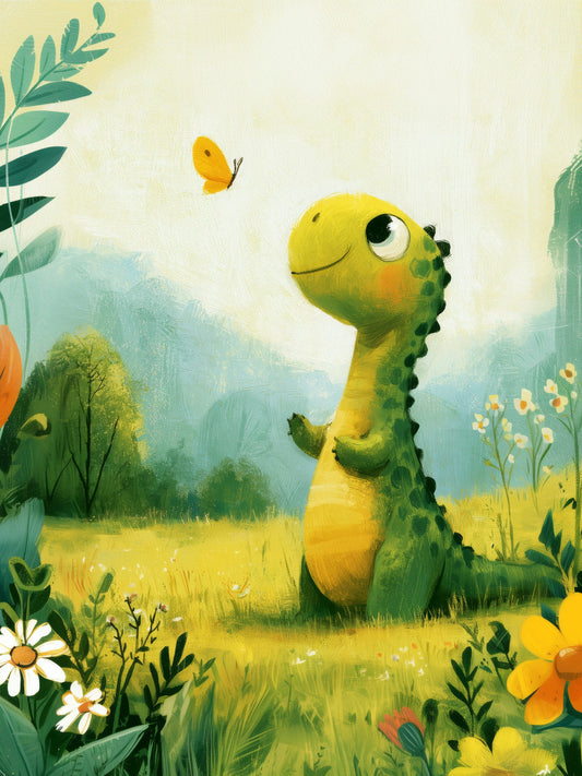 Whimsical Baby Dinosaur and Butterfly in a Sunny Meadow – Playful Green and Yellow Illustrative Nursery Wall Art Print