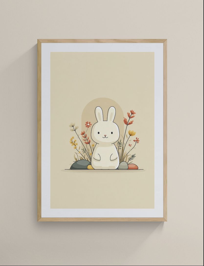 Bunny in Bloom – Boho Nursery Wall Art | Minimal Floral Bunny Print for Kids Room