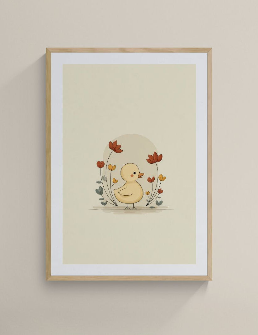 Duckling with Flowers – Boho Nursery Wall Art | Minimal Baby Animal Floral Print for Kids Room
