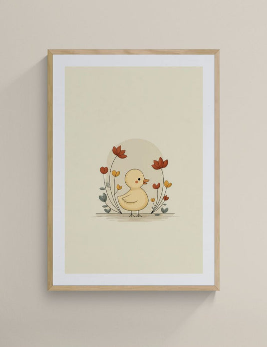 Duckling with Flowers – Boho Nursery Wall Art | Minimal Baby Animal Floral Print for Kids Room