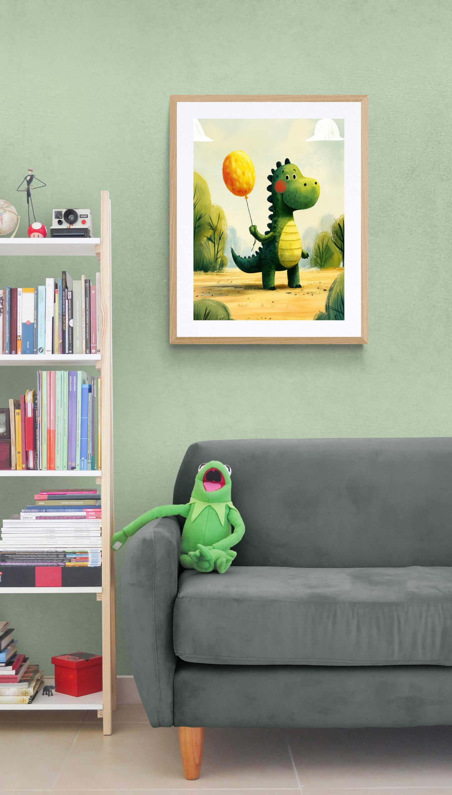 Cheerful Green Dinosaur with Yellow Balloon – Whimsical Nursery Illustration in Soft Greens and Sunshine Yellows