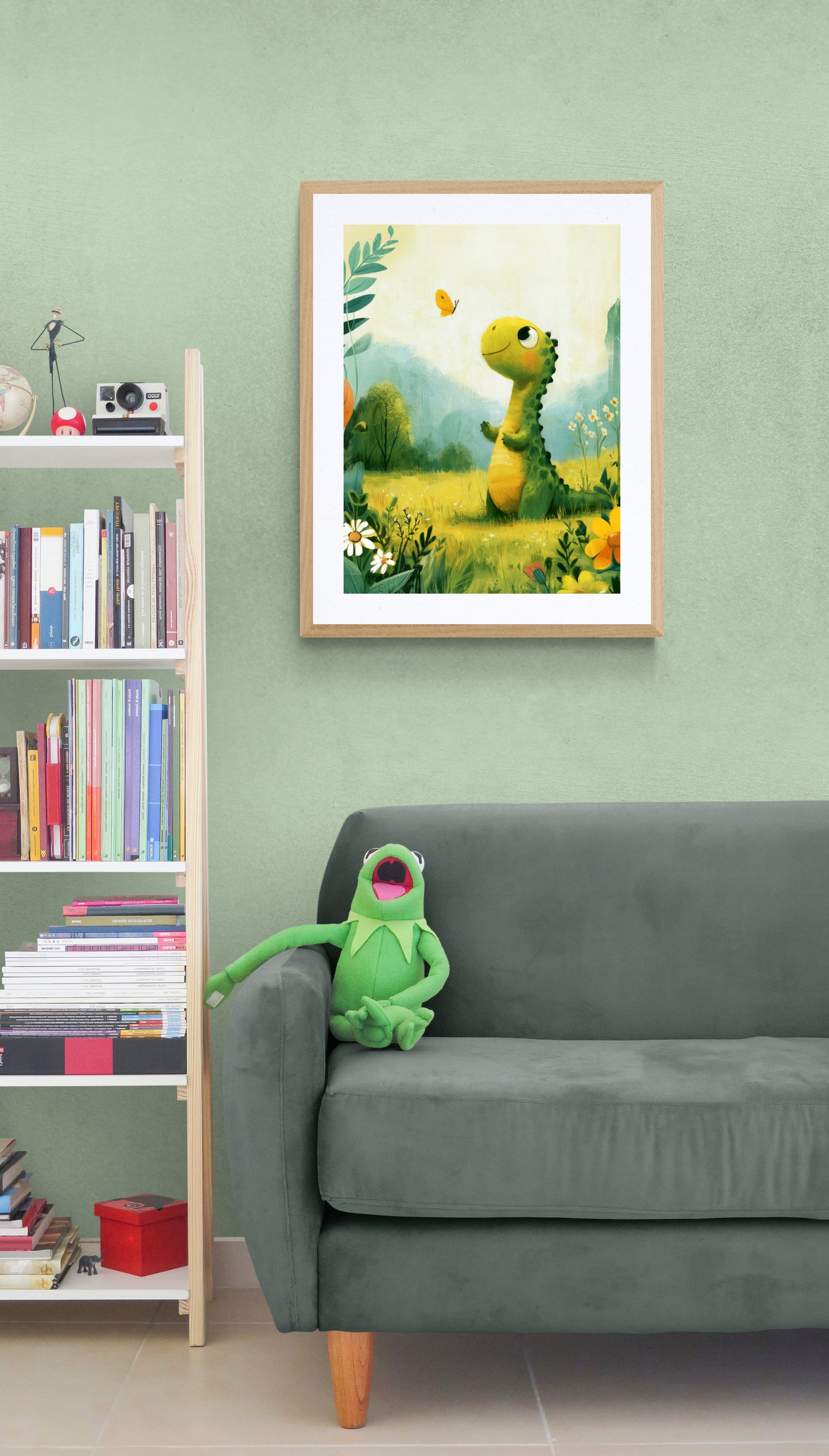 Whimsical Baby Dinosaur and Butterfly in a Sunny Meadow – Playful Green and Yellow Illustrative Nursery Wall Art Print