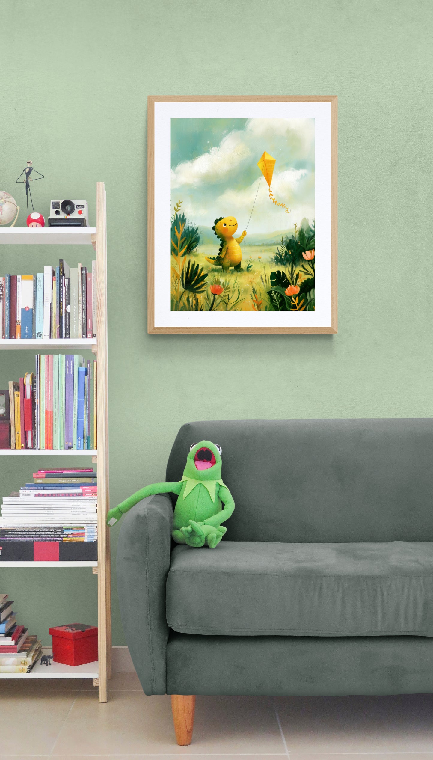 Playful Dinosaur Flying a Yellow Kite in a Sunny Meadow – Whimsical Illustrative Nursery Wall Art