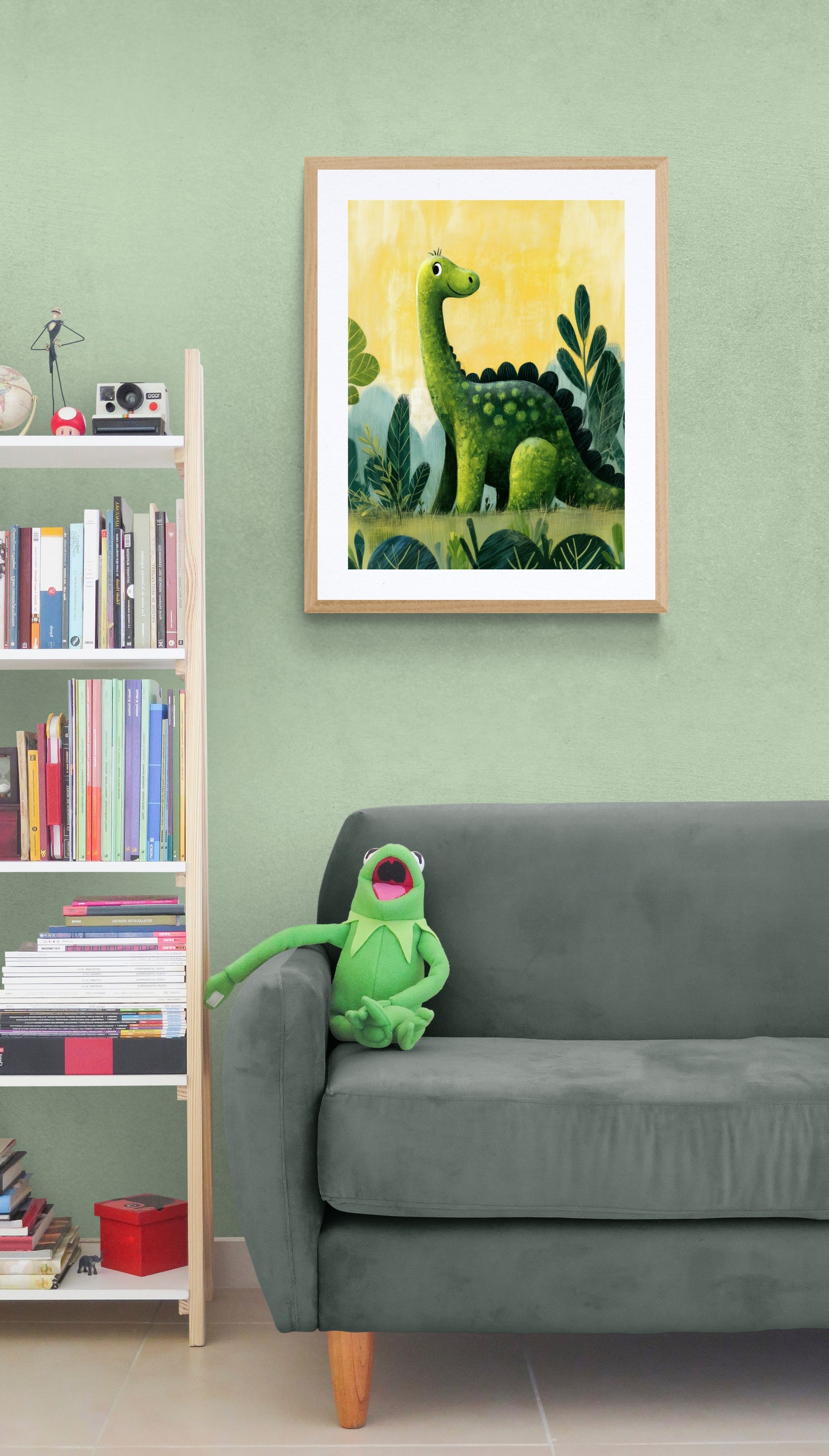 Happy Green Dinosaur in a Jungle – Whimsical Kids Wall Art Print, Playful Nursery Decor, Cute Brontosaurus Illustration