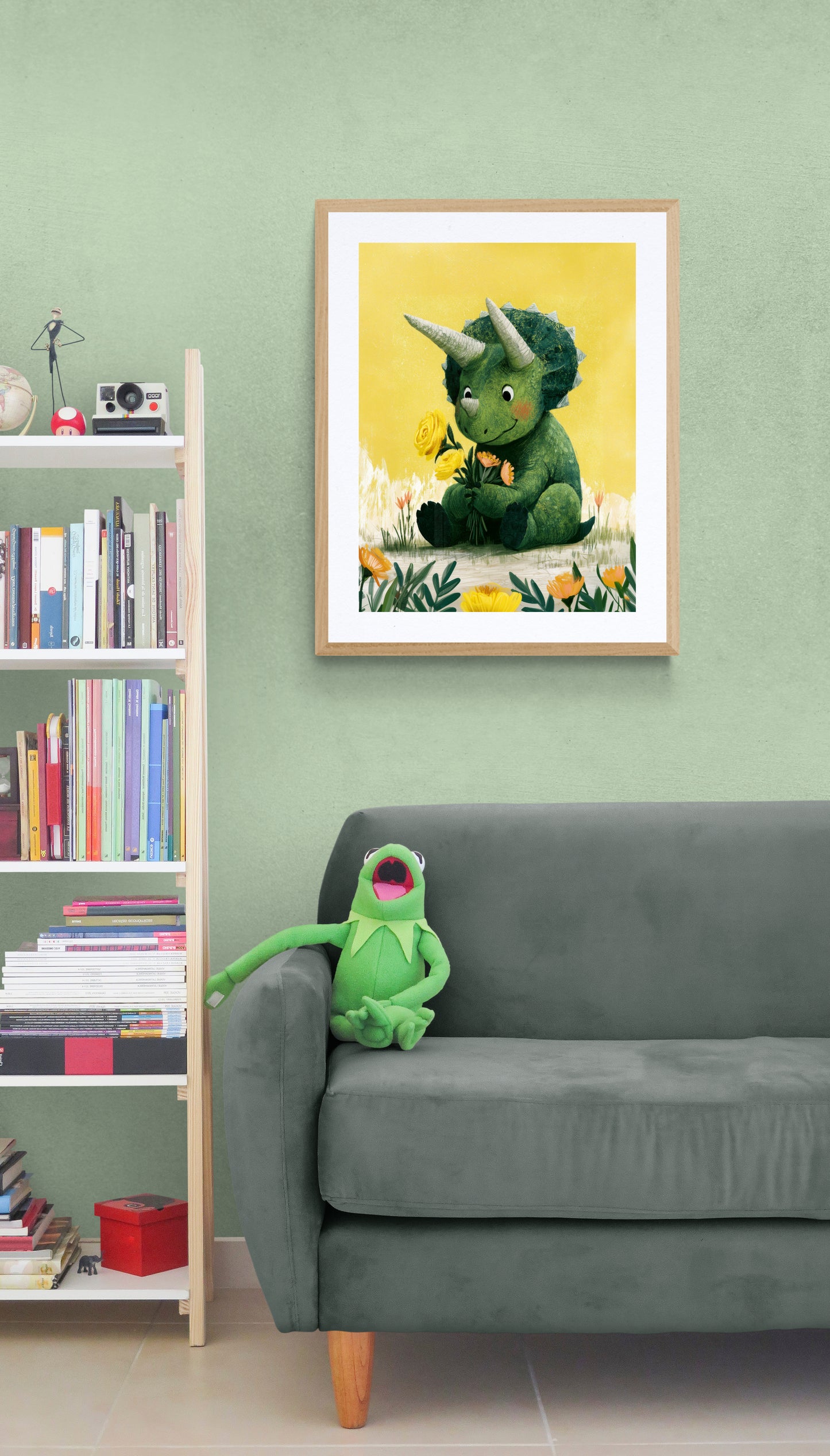 Sweet Green Dinosaur with Yellow Flowers – Whimsical Nursery Illustration on Sunny Yellow Background