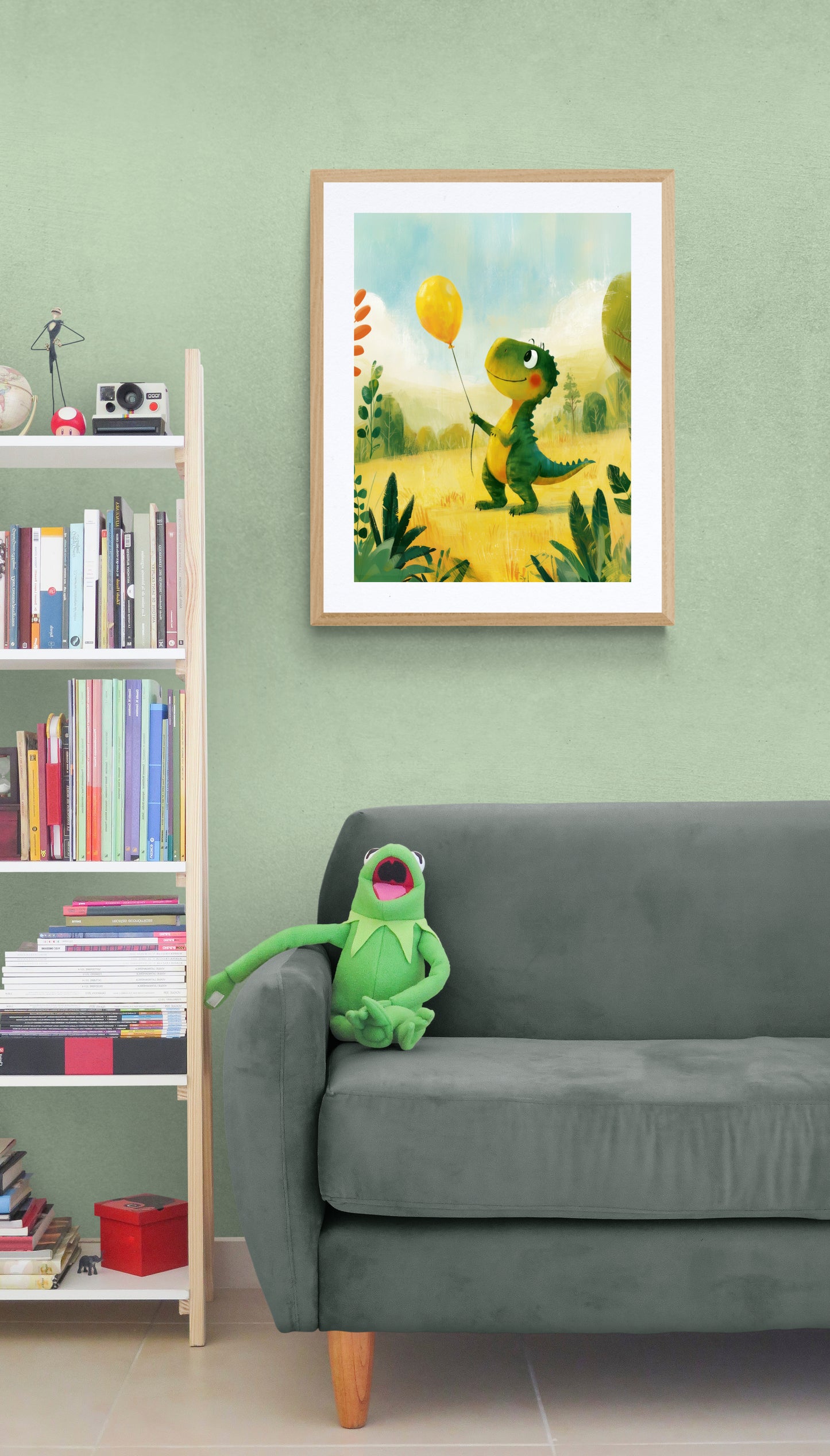 Smiling Dinosaur with Yellow Balloon in a Sunny Meadow – Whimsical Green Dino Illustration for Nursery and Kids Room