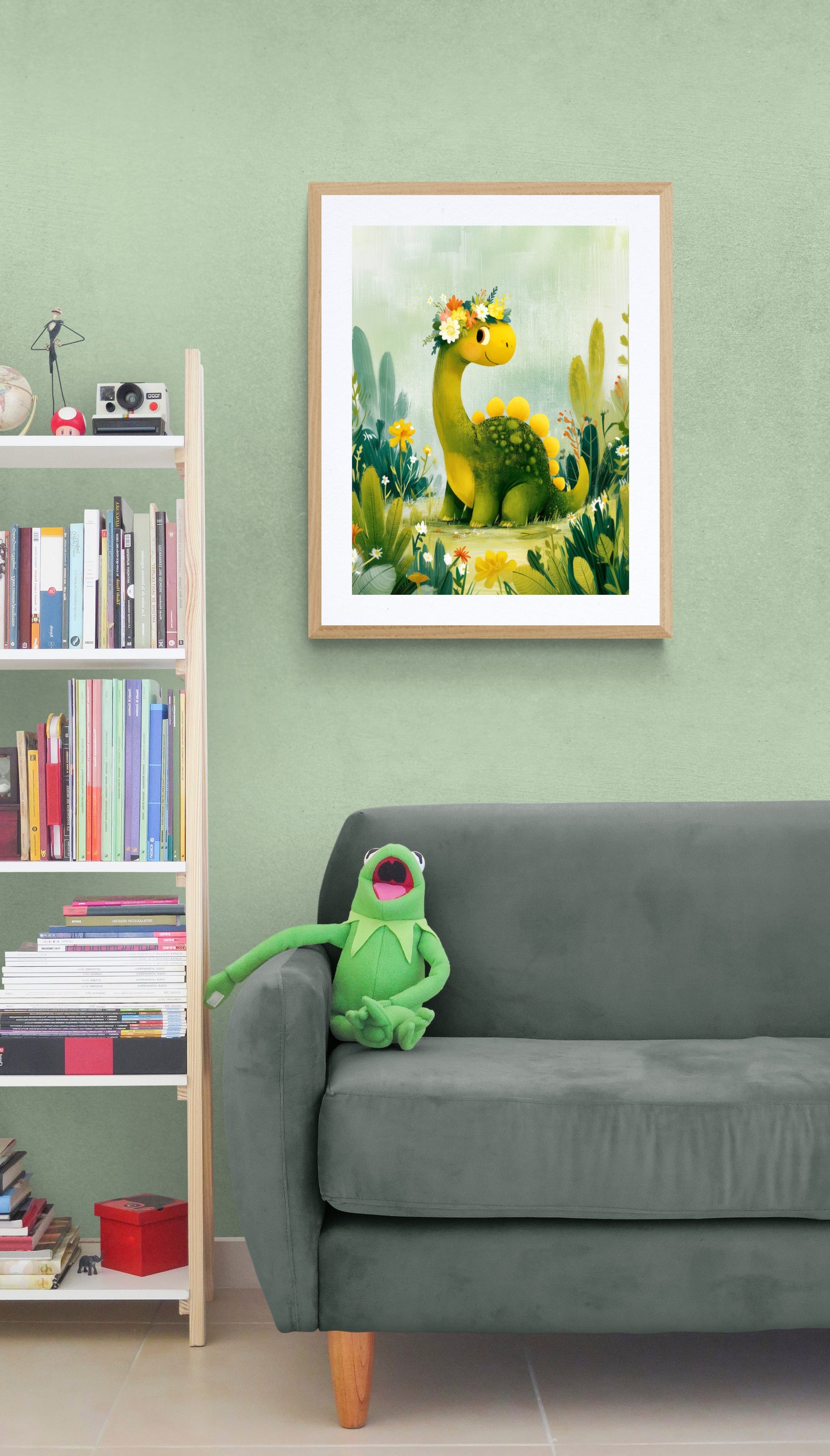 Smiling Dinosaur with Flower Crown in Wildflower Meadow - Whimsical Green and Yellow Nursery Wall Art Illustration
