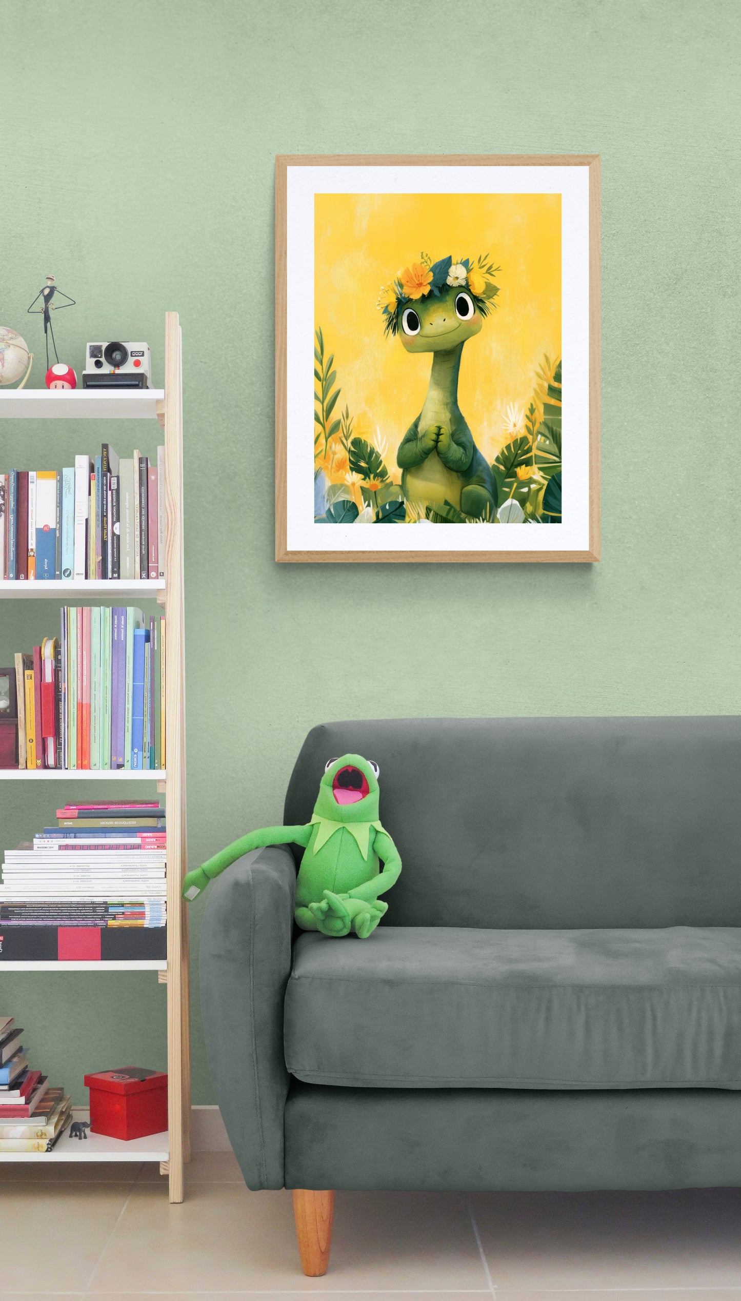 Smiling Dinosaur with Flower Crown on Sunny Yellow - Whimsical Green Nursery Illustration