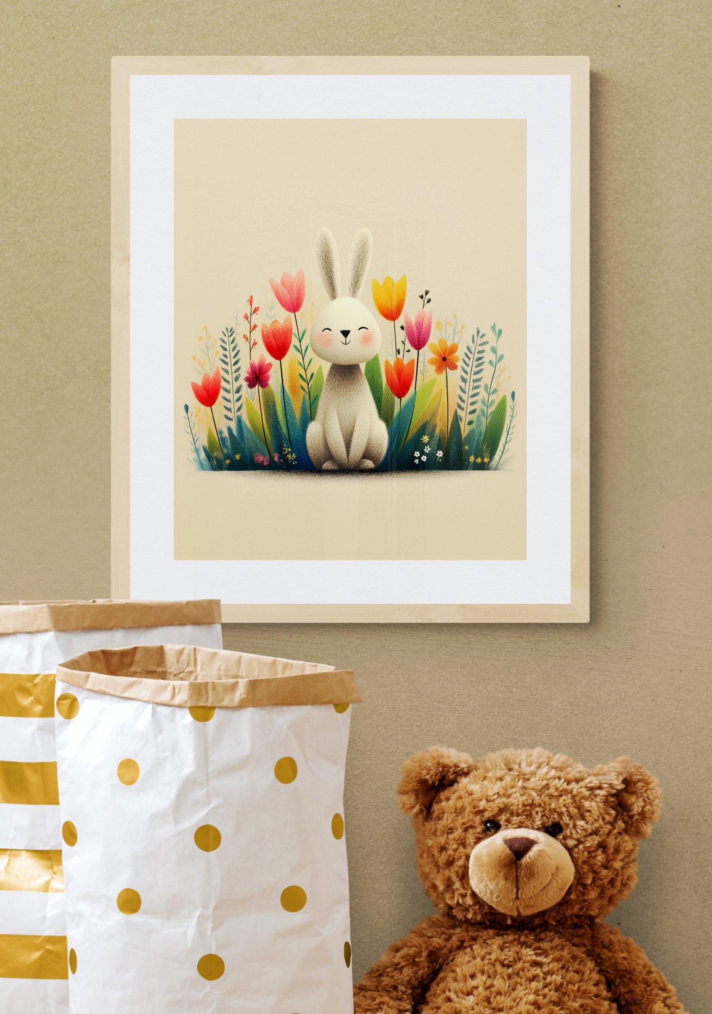 Smiling Bunny Among Wildflowers – Minimalist Nursery Wall Art Print in Soft Beige and Pastel Tones