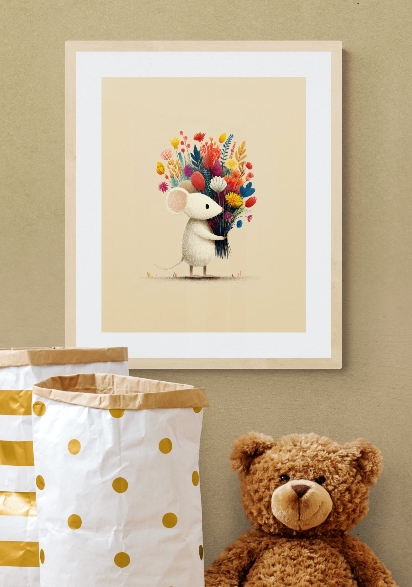 Whimsical Little Mouse with Wildflower Bouquet – Minimalist Nursery Wall Art Illustration on Soft Beige