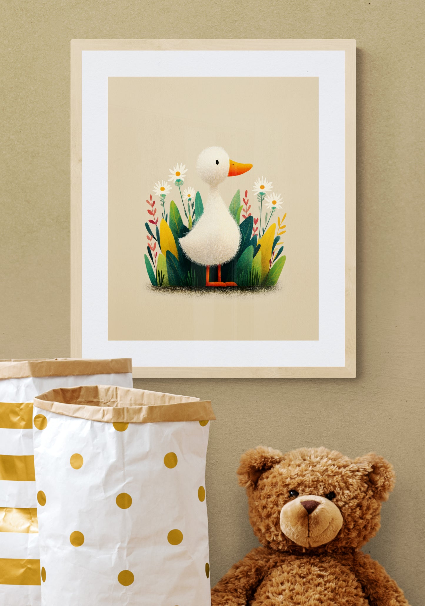 Whimsical Duckling in a Wildflower Garden – Gentle Minimalist Illustrative Nursery Wall Art on Soft Beige
