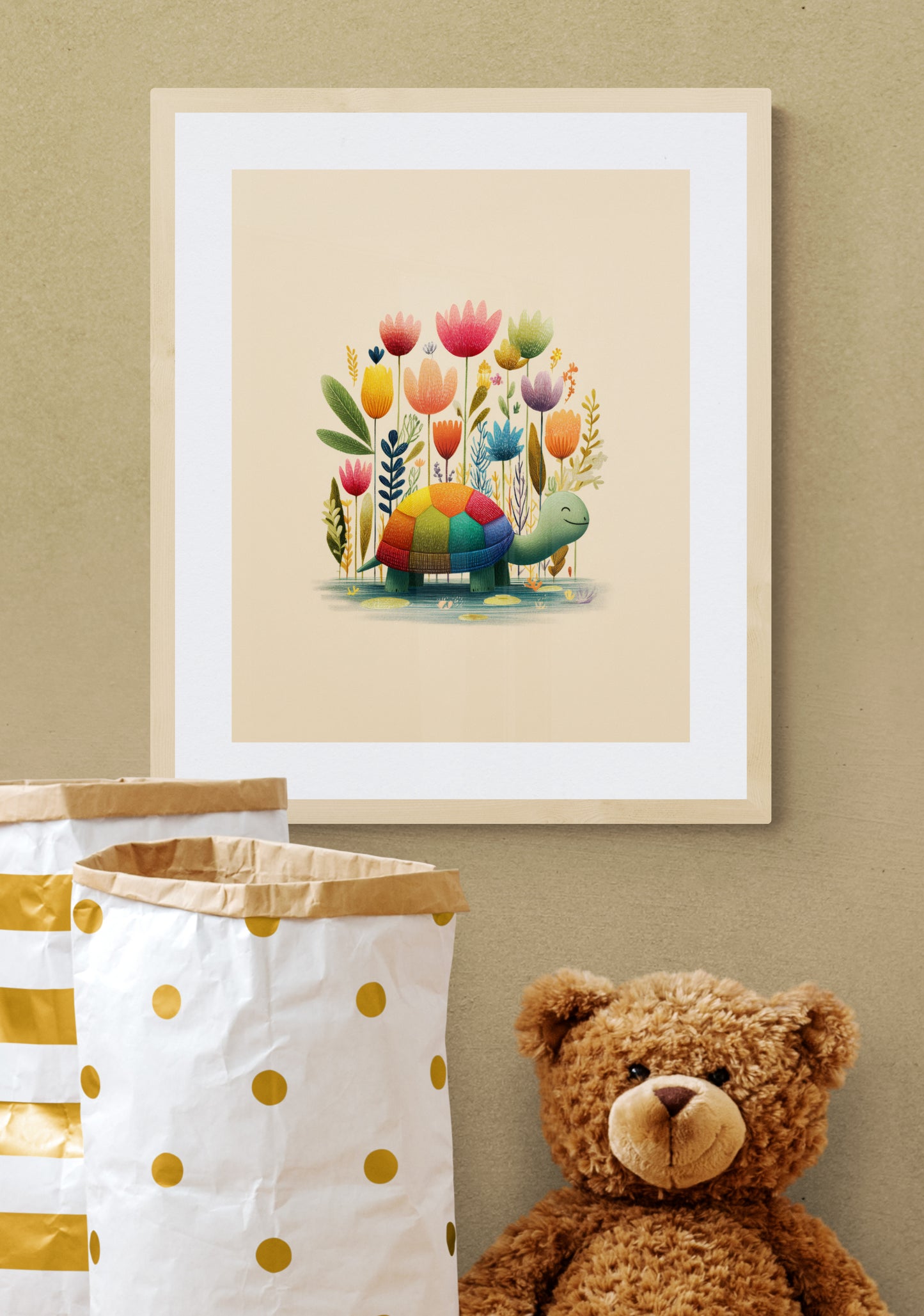 Rainbow Shell Turtle with Garden Flowers – Whimsical Nursery Wall Art Illustration on Beige