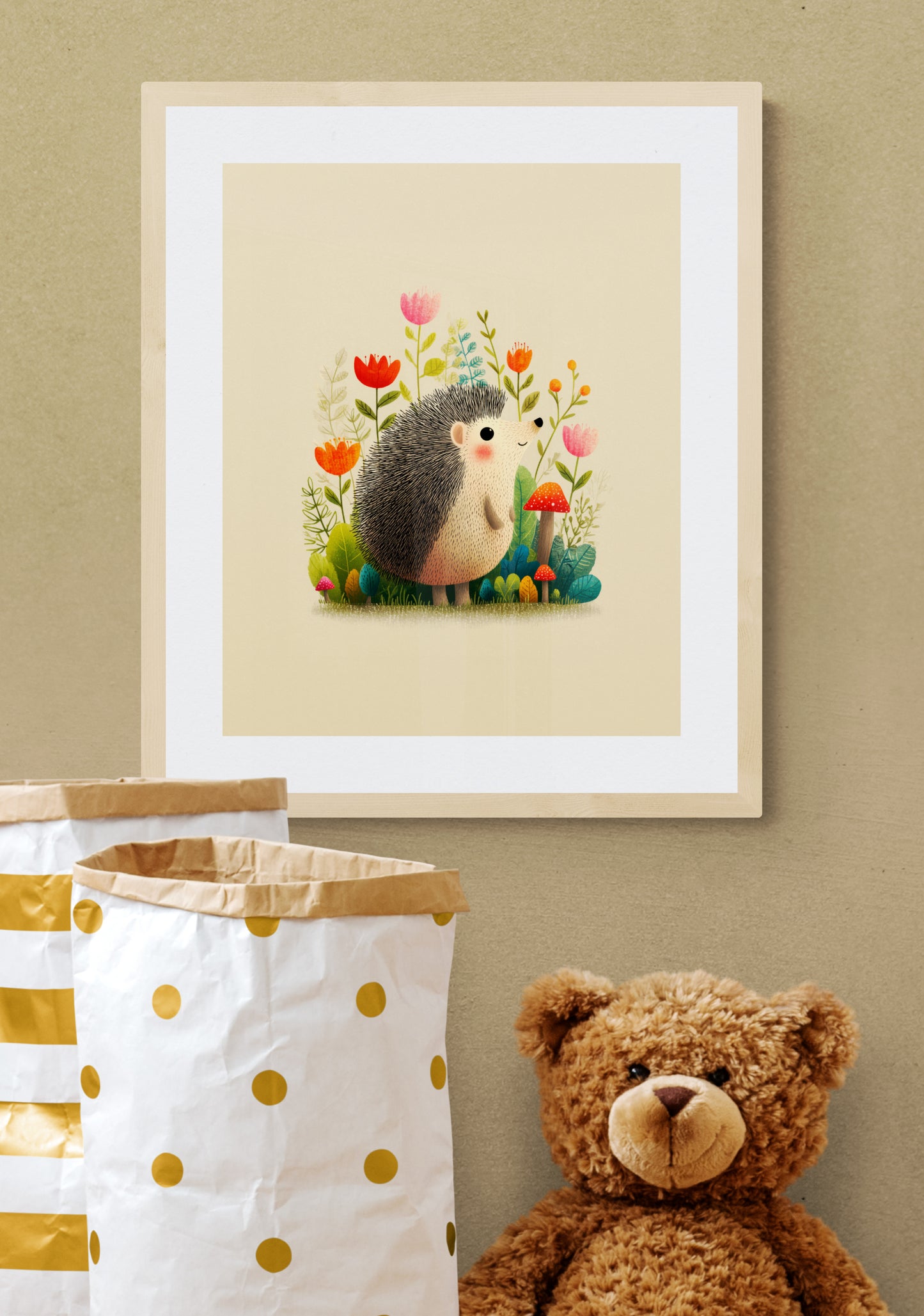 Whimsical Woodland Hedgehog with Wildflowers and Mushrooms — Cute Animal Nursery Wall Art on Beige