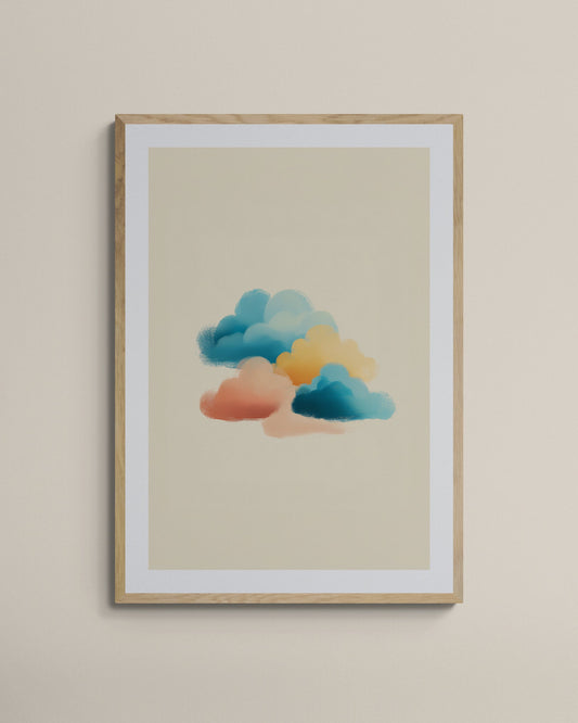 Colorful Cloud Nursery Wall Art Print, Teal Peach Yellow Brushstroke Sky, Modern Kids Room & Playroom Decor