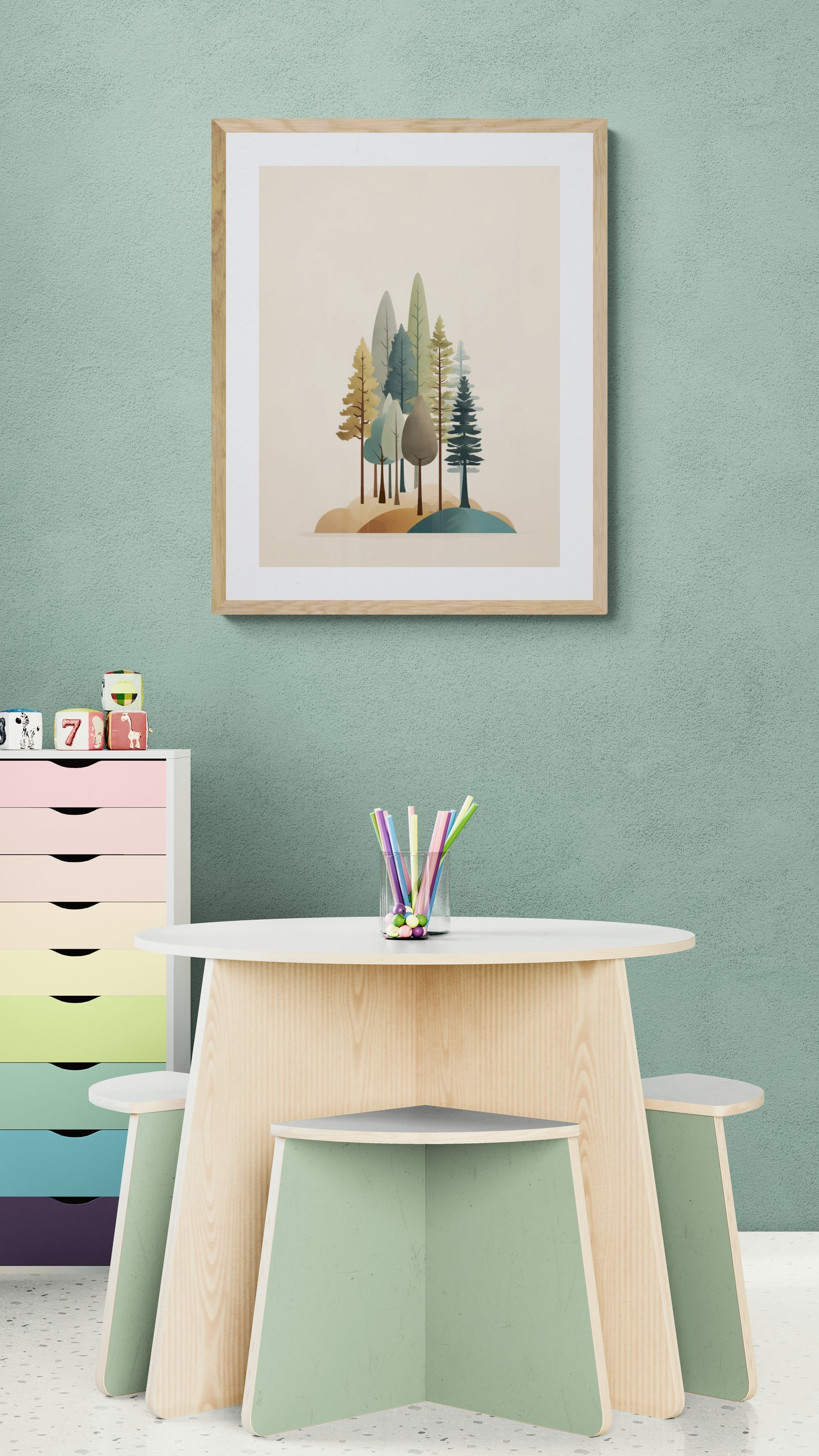 Minimal Woodland Trees Nursery Wall Art, Scandinavian Forest Print, Neutral Sage Teal Mustard Kids Room Decor