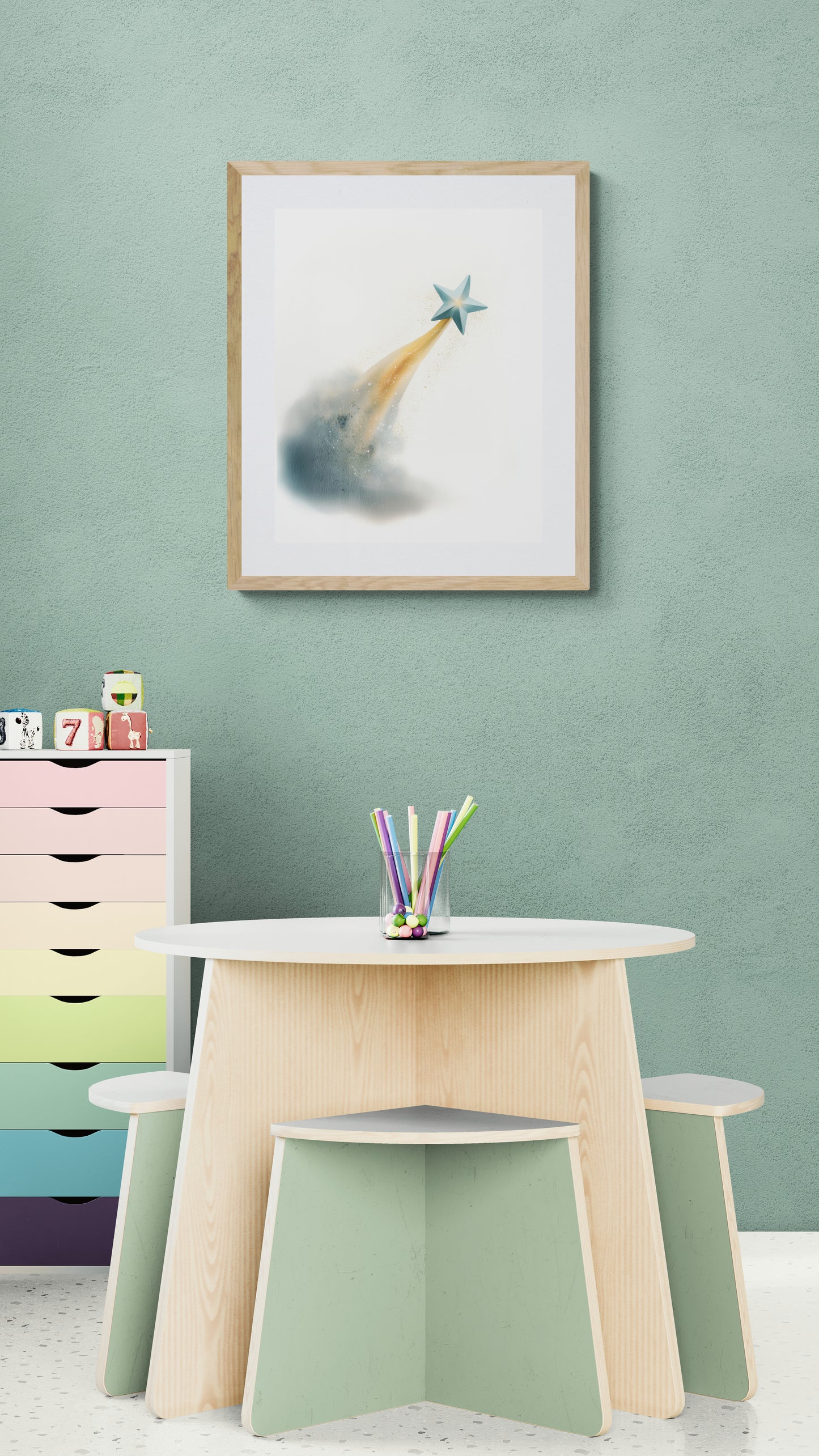 Shooting Star Watercolor Nursery Wall Art Print, Gender Neutral Space Kids Room Decor, Dream Big Poster