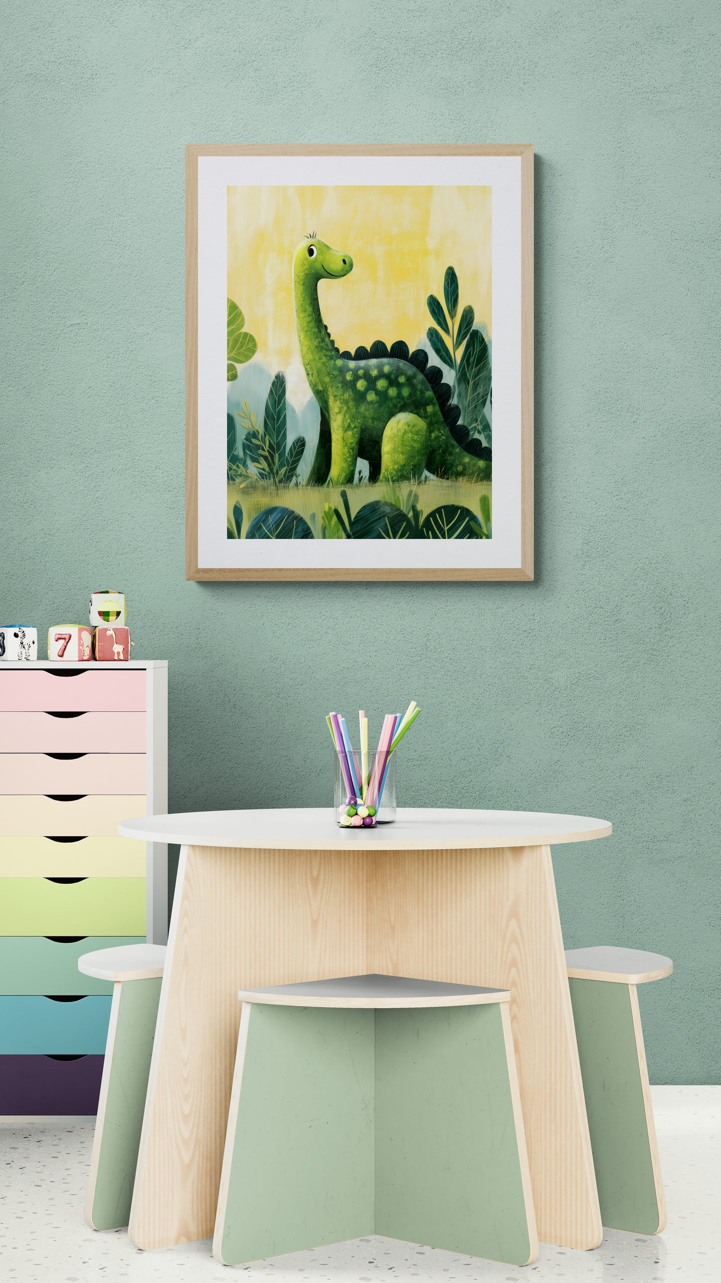 Happy Green Dinosaur in a Jungle – Whimsical Kids Wall Art Print, Playful Nursery Decor, Cute Brontosaurus Illustration