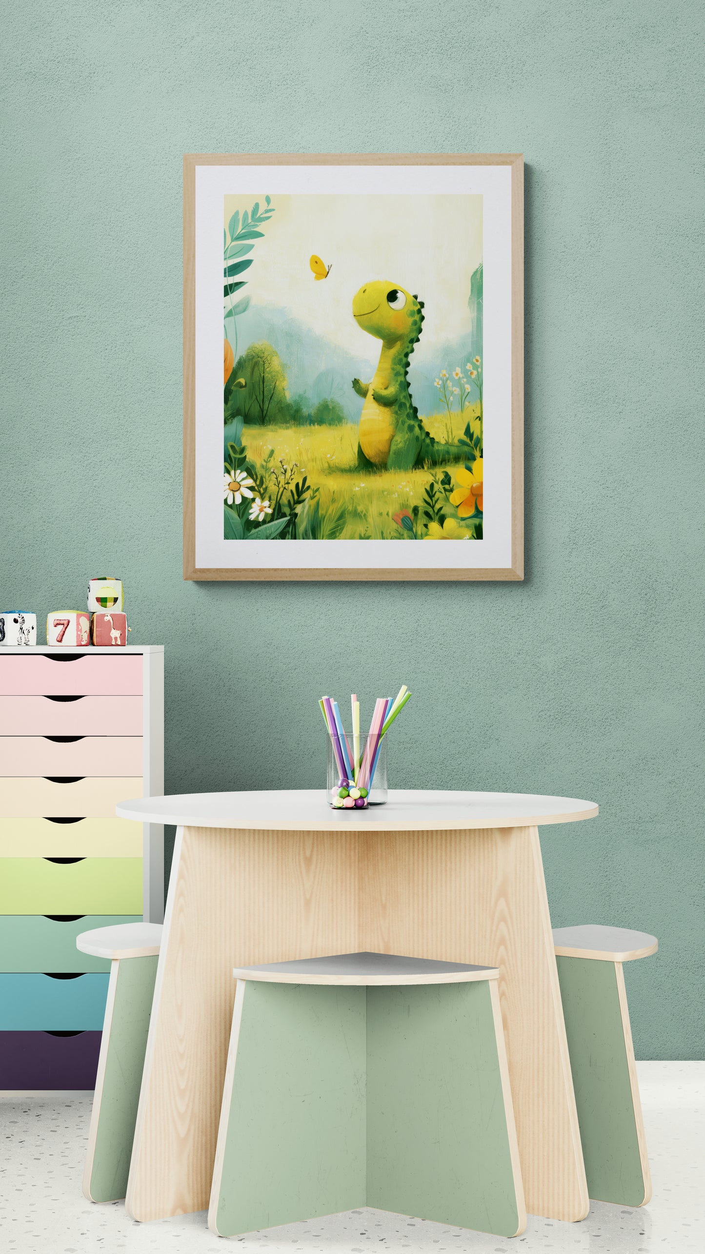Whimsical Baby Dinosaur and Butterfly in a Sunny Meadow – Playful Green and Yellow Illustrative Nursery Wall Art Print