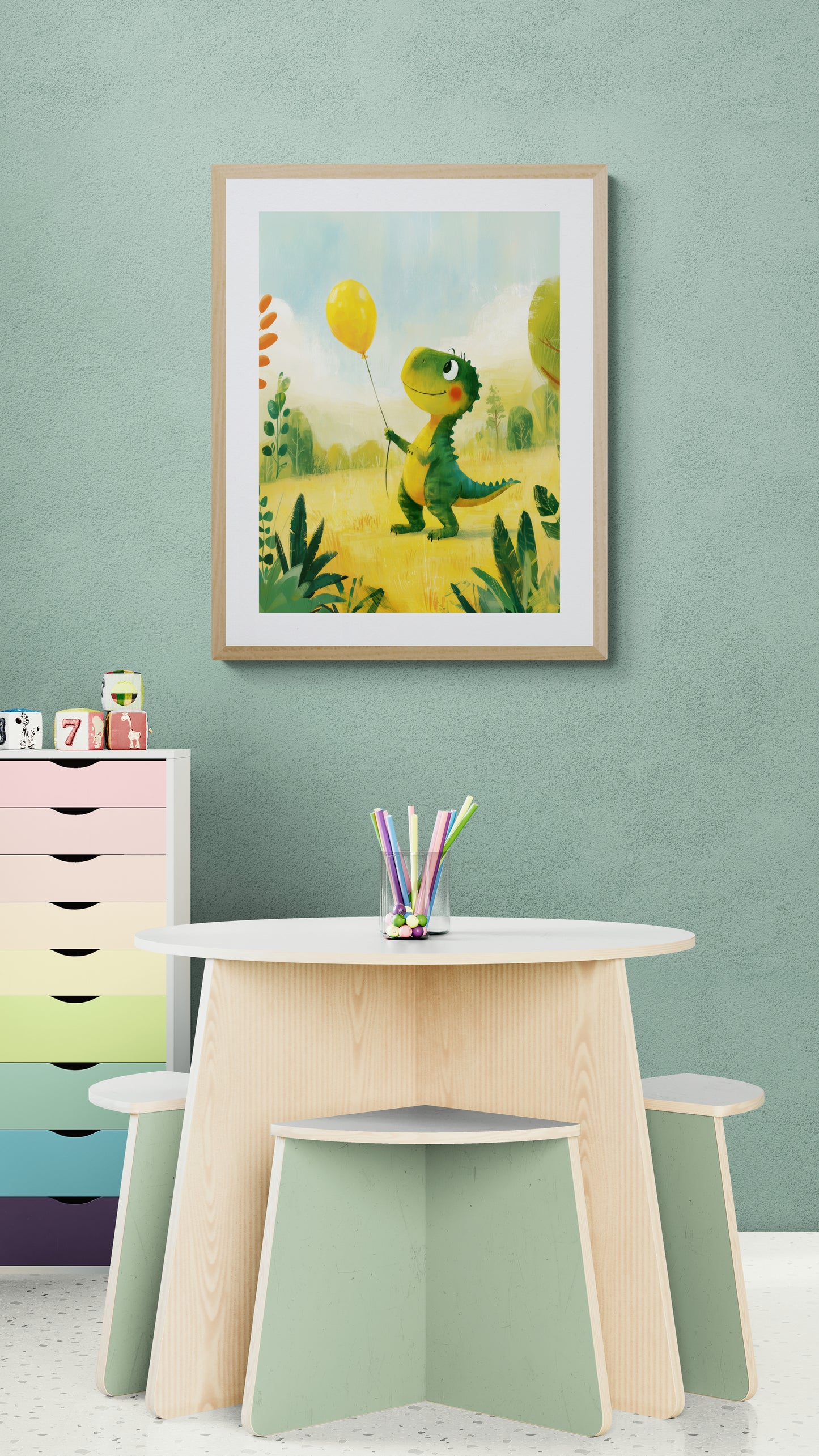 Smiling Dinosaur with Yellow Balloon in a Sunny Meadow – Whimsical Green Dino Illustration for Nursery and Kids Room