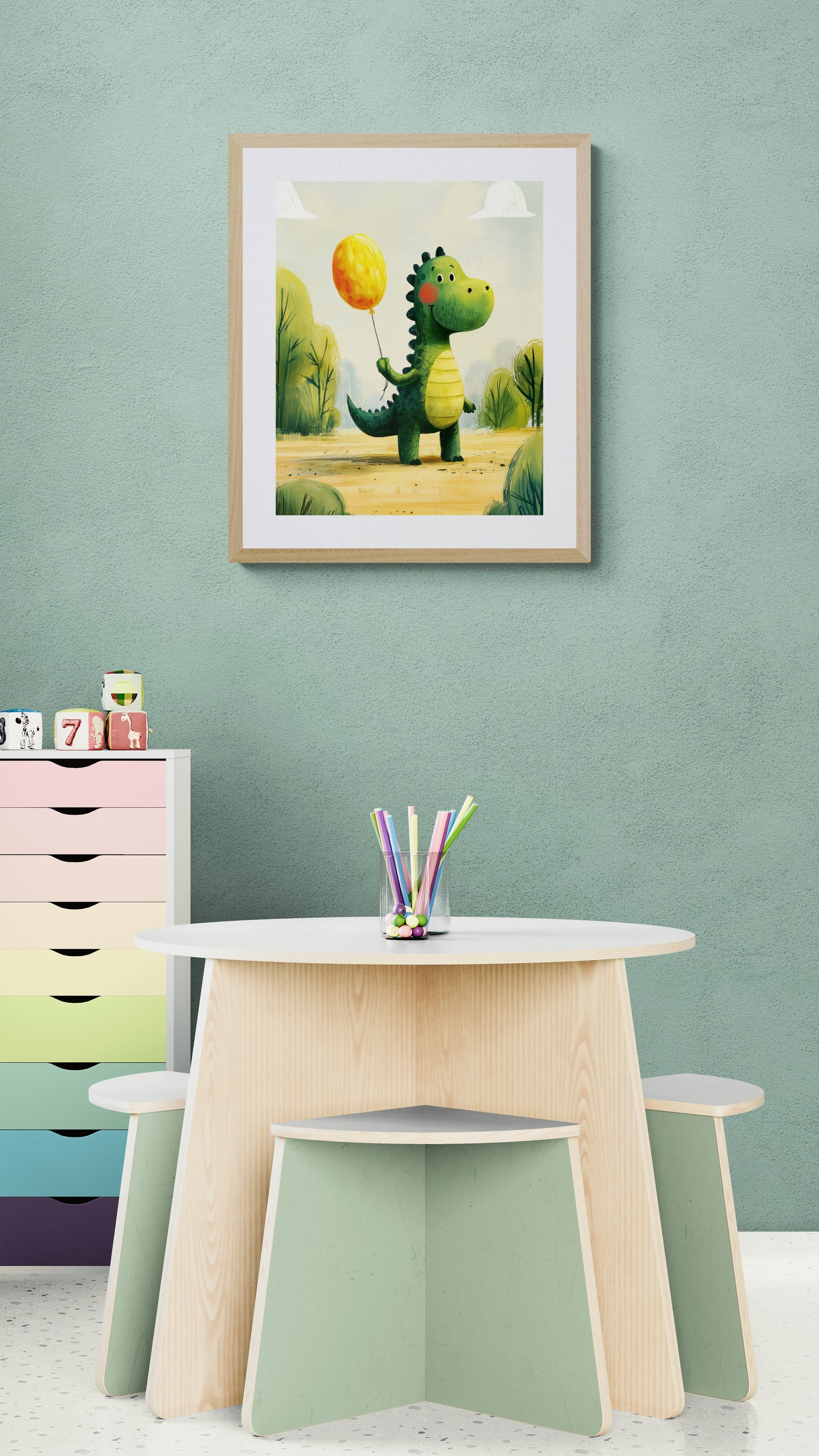 Cheerful Green Dinosaur with Yellow Balloon – Whimsical Nursery Illustration in Soft Greens and Sunshine Yellows