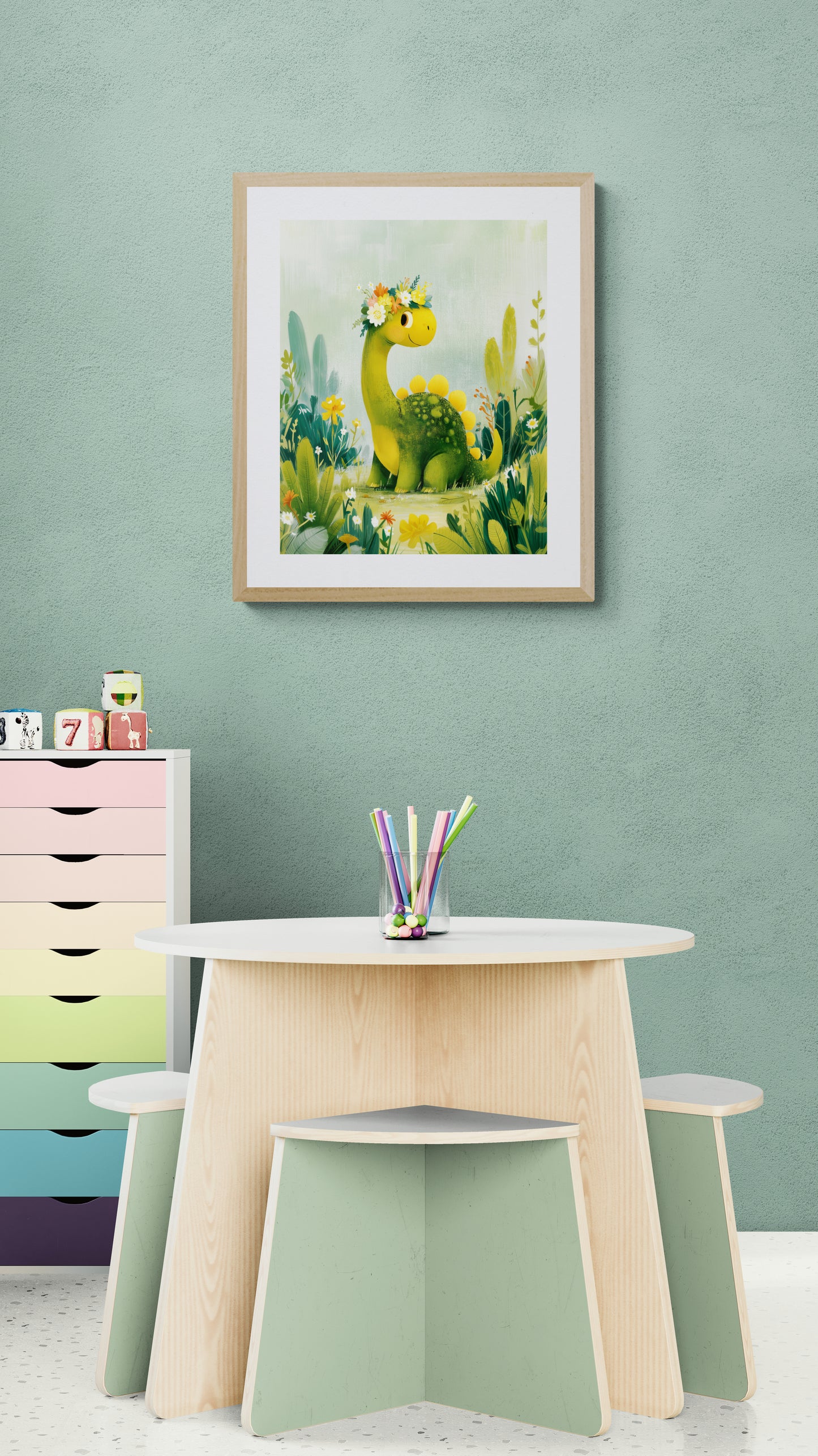 Smiling Dinosaur with Flower Crown in Wildflower Meadow - Whimsical Green and Yellow Nursery Wall Art Illustration