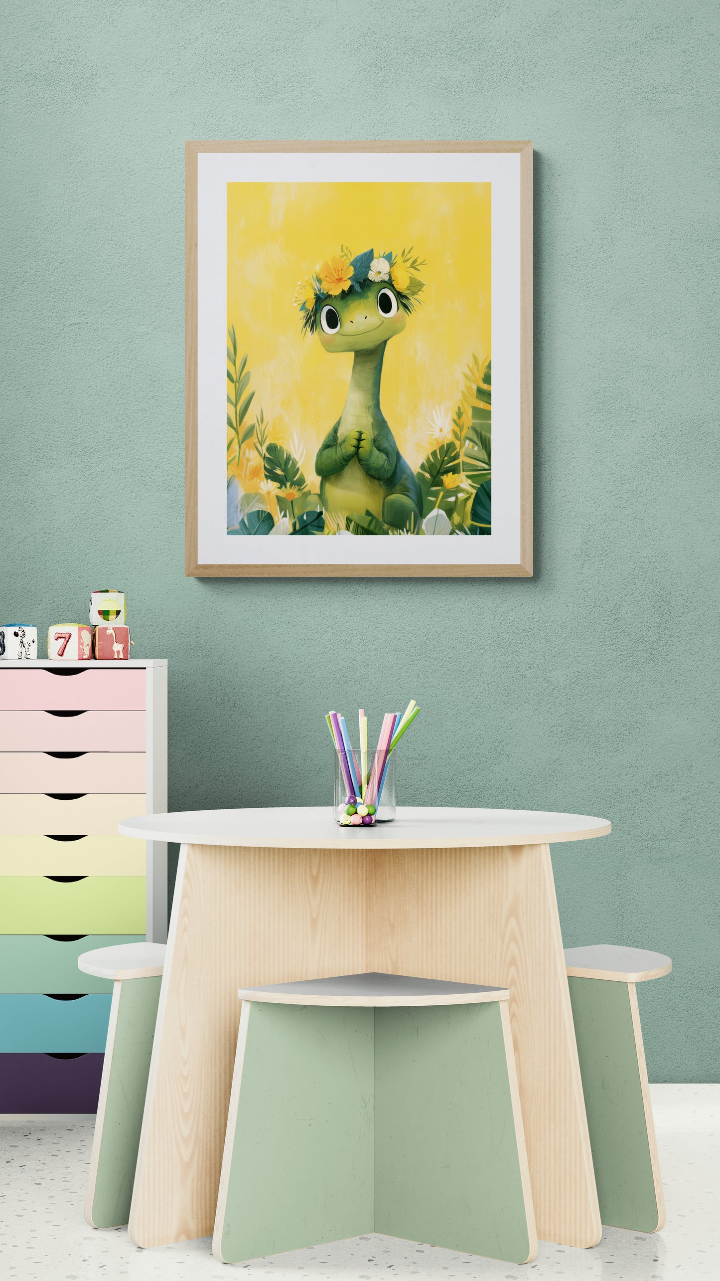 Smiling Dinosaur with Flower Crown on Sunny Yellow - Whimsical Green Nursery Illustration