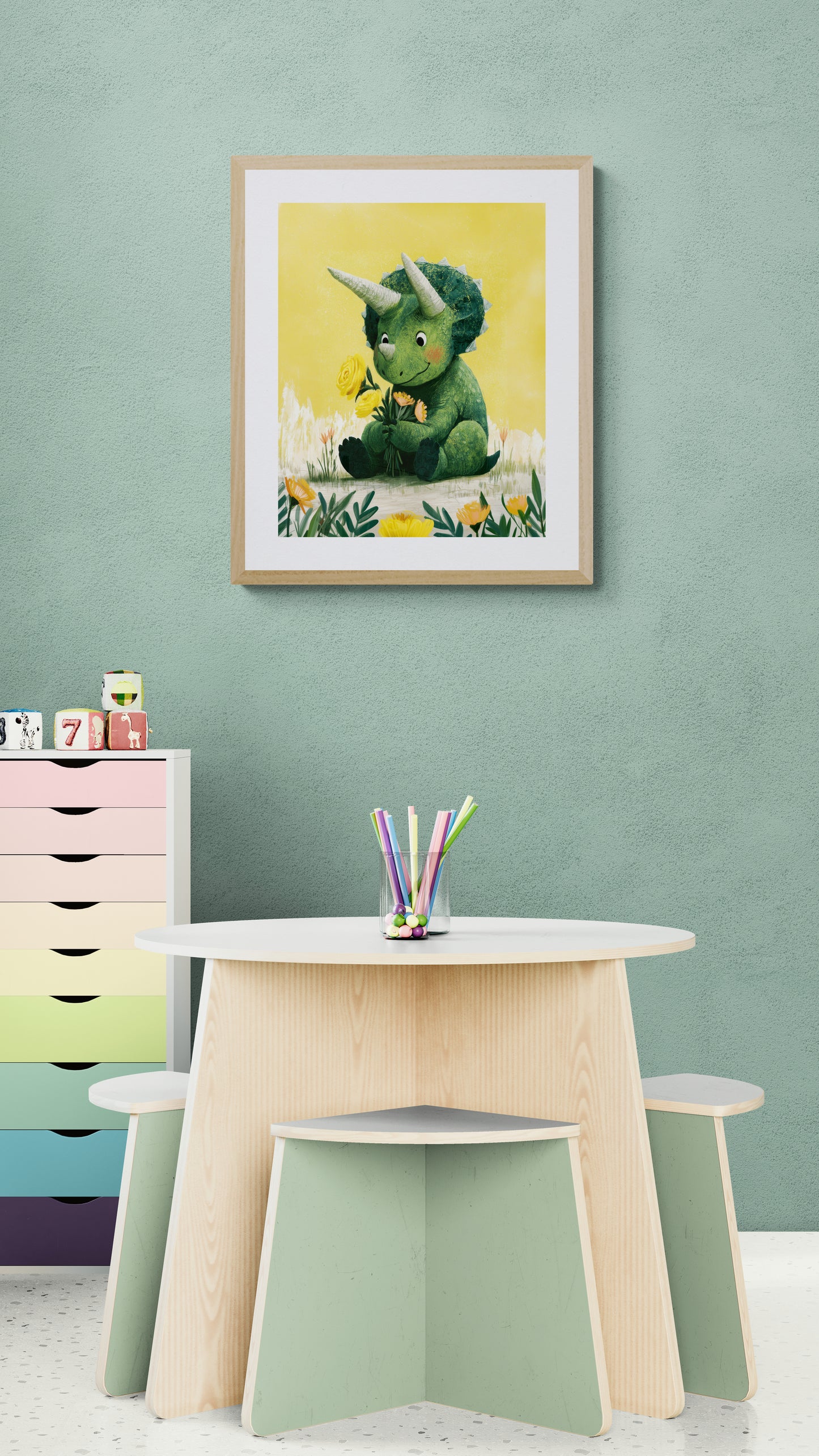 Sweet Green Dinosaur with Yellow Flowers – Whimsical Nursery Illustration on Sunny Yellow Background