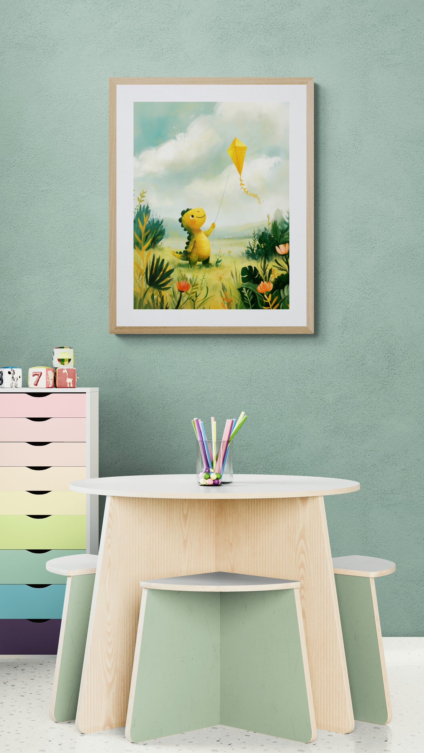 Playful Dinosaur Flying a Yellow Kite in a Sunny Meadow – Whimsical Illustrative Nursery Wall Art