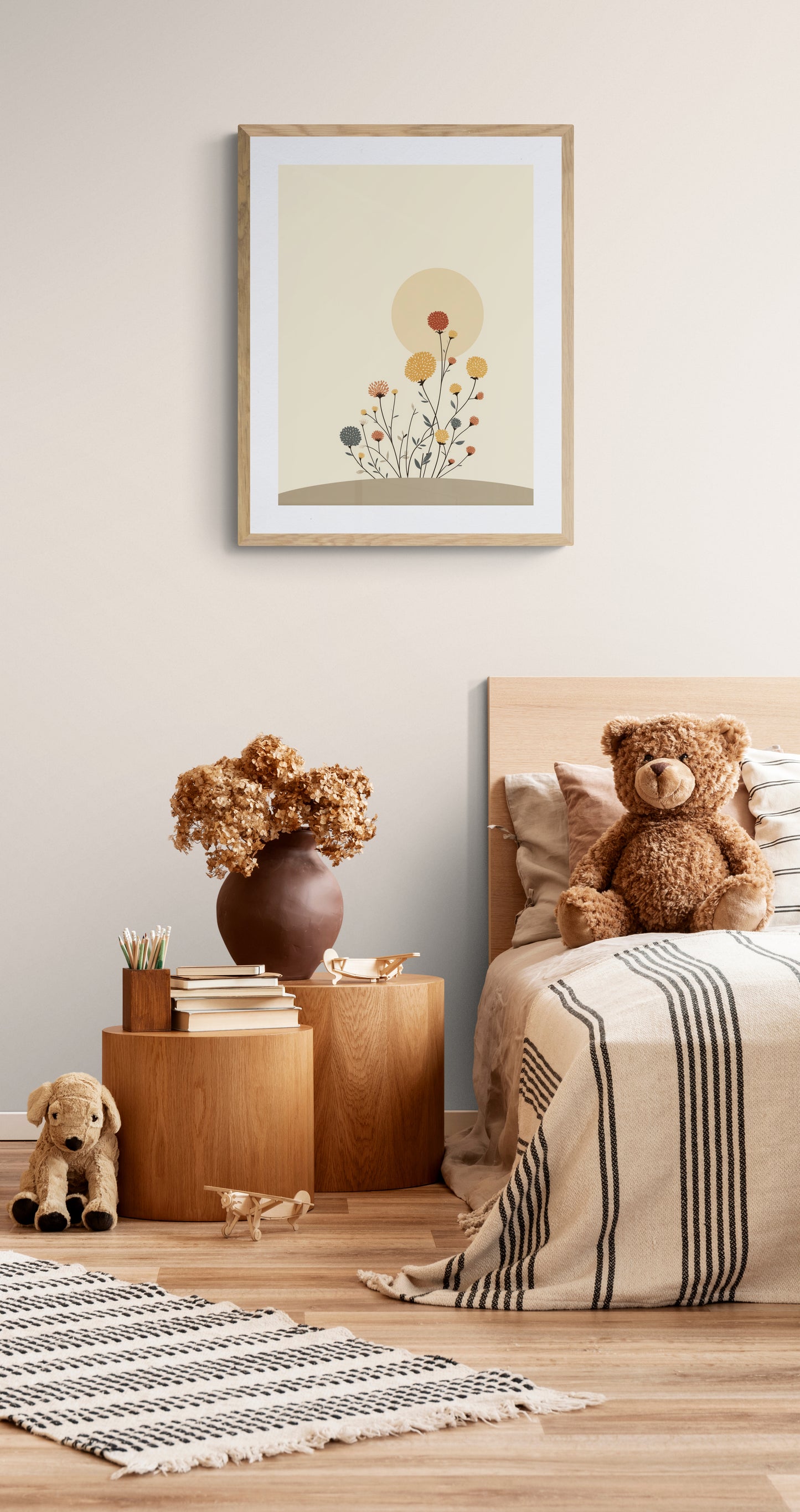 Blooming Florals & Sun – Boho Nursery Wall Art | Minimal Floral Sun Print for Kids Room