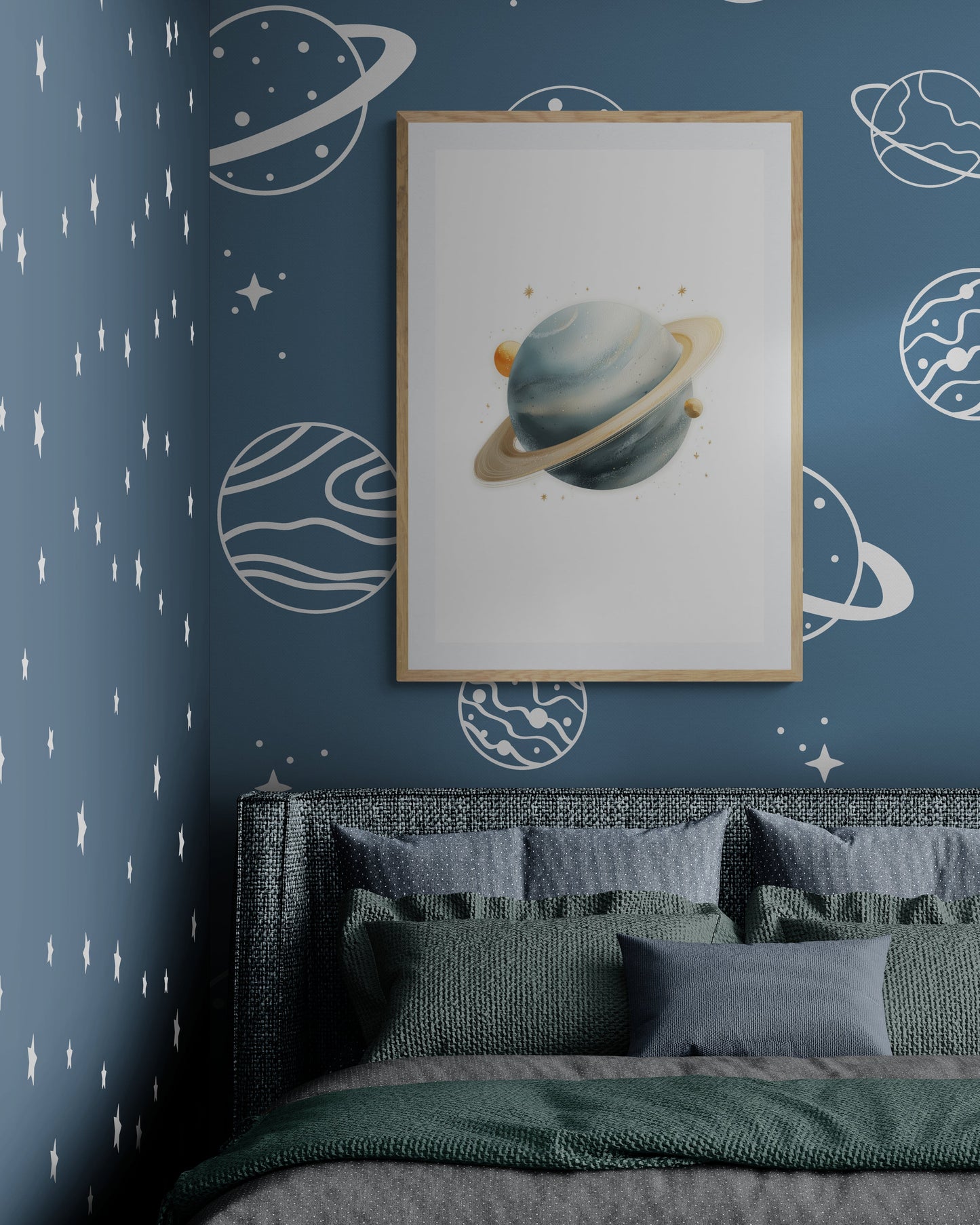 Watercolor Saturn Planet Nursery Wall Art Print, Neutral Blue Gold Space Kids Room Decor