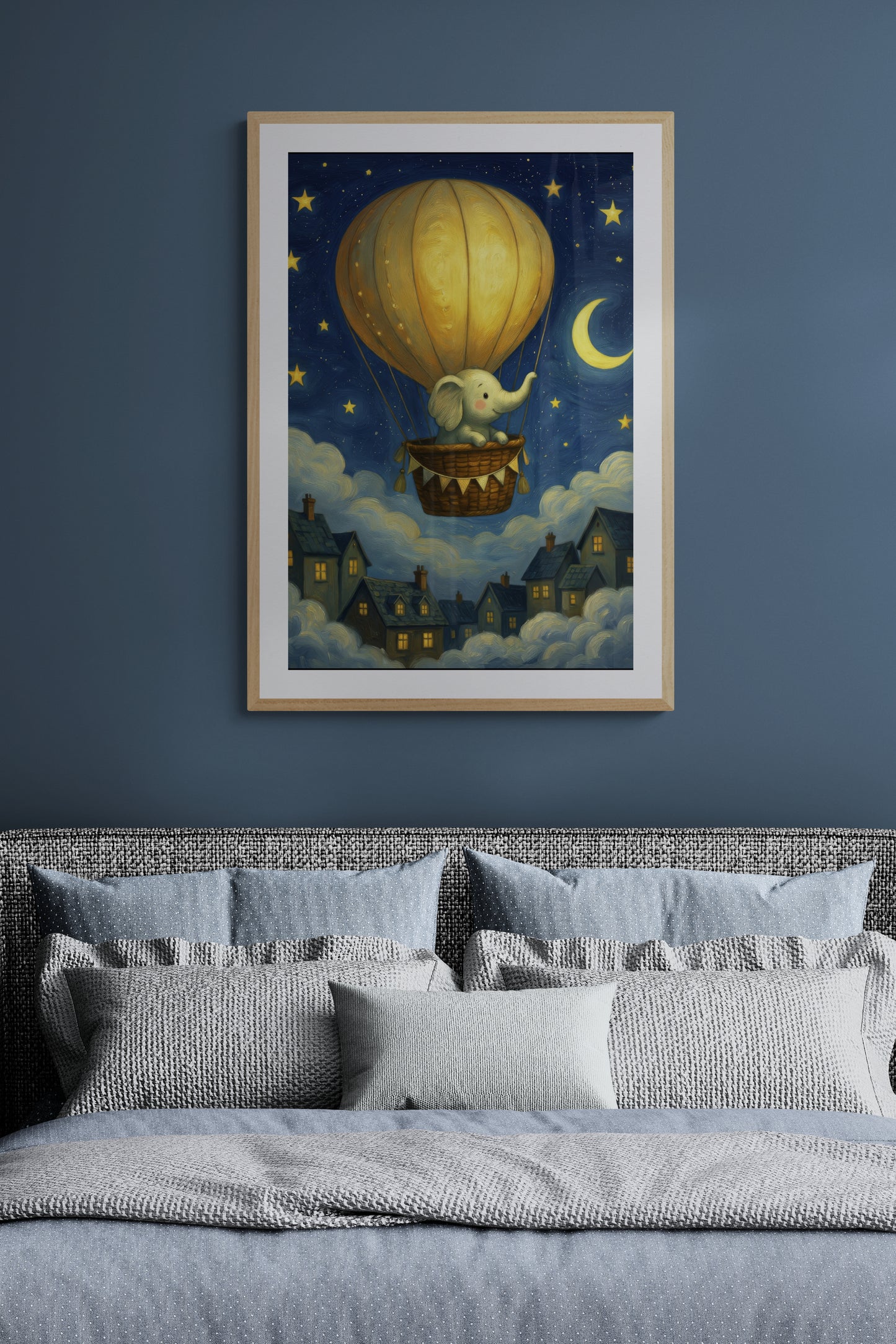 Dreamy Elephant Balloon Ride Under Moon and Stars - Whimsical Gouache Nursery Wall Art Print