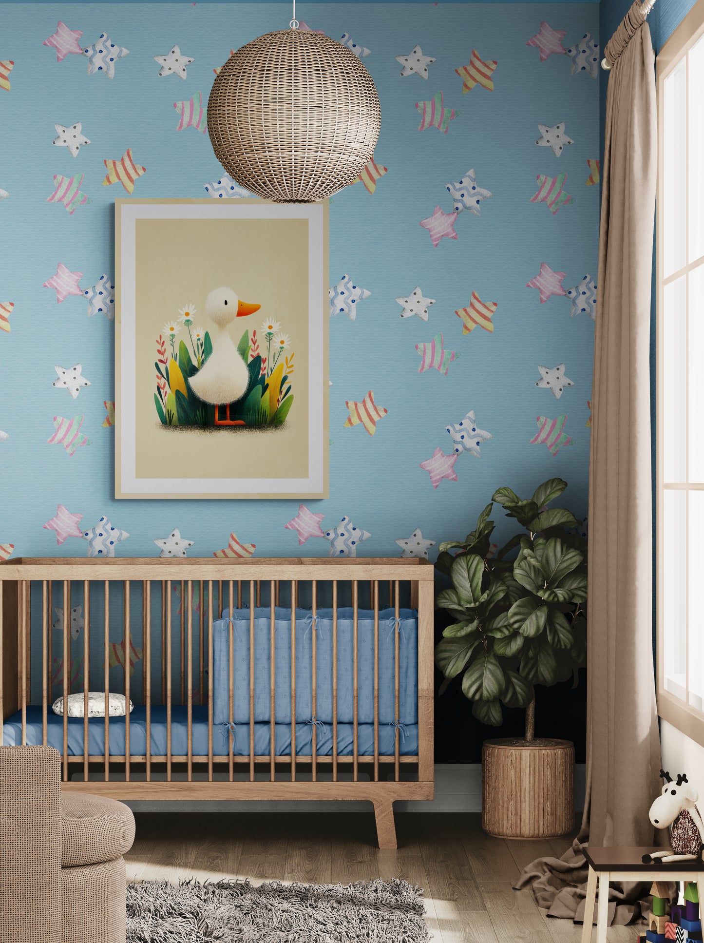 Whimsical Duckling in a Wildflower Garden – Gentle Minimalist Illustrative Nursery Wall Art on Soft Beige