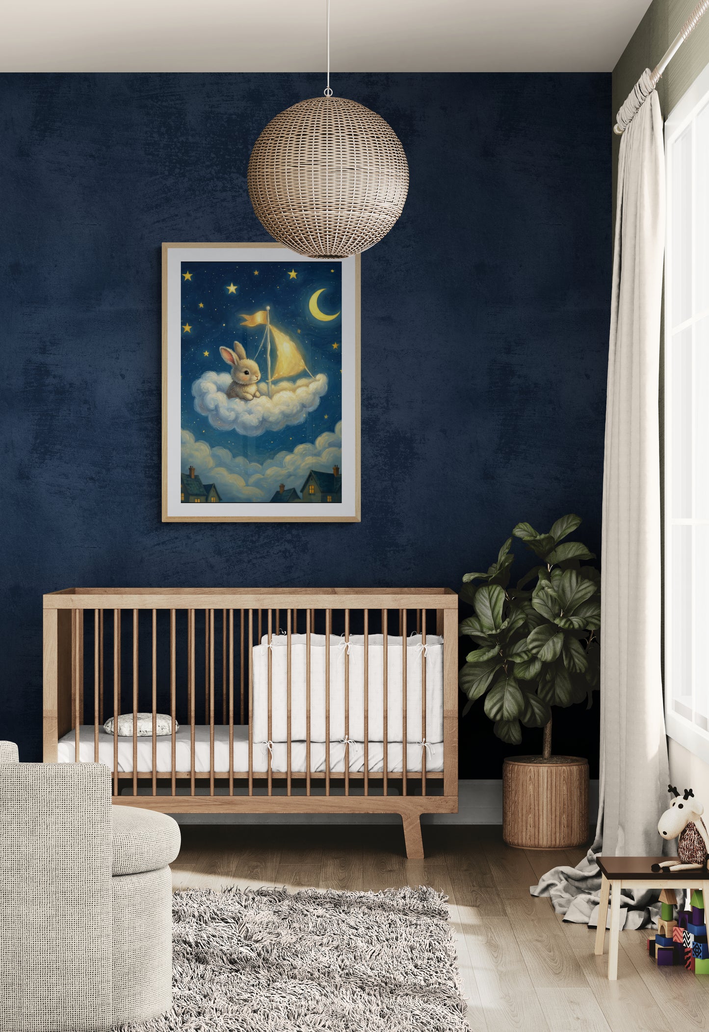Dreamy Bunny Sailing a Cloud Under Moon and Stars - Whimsical Night Sky Digital Illustration Nursery Wall Art Print