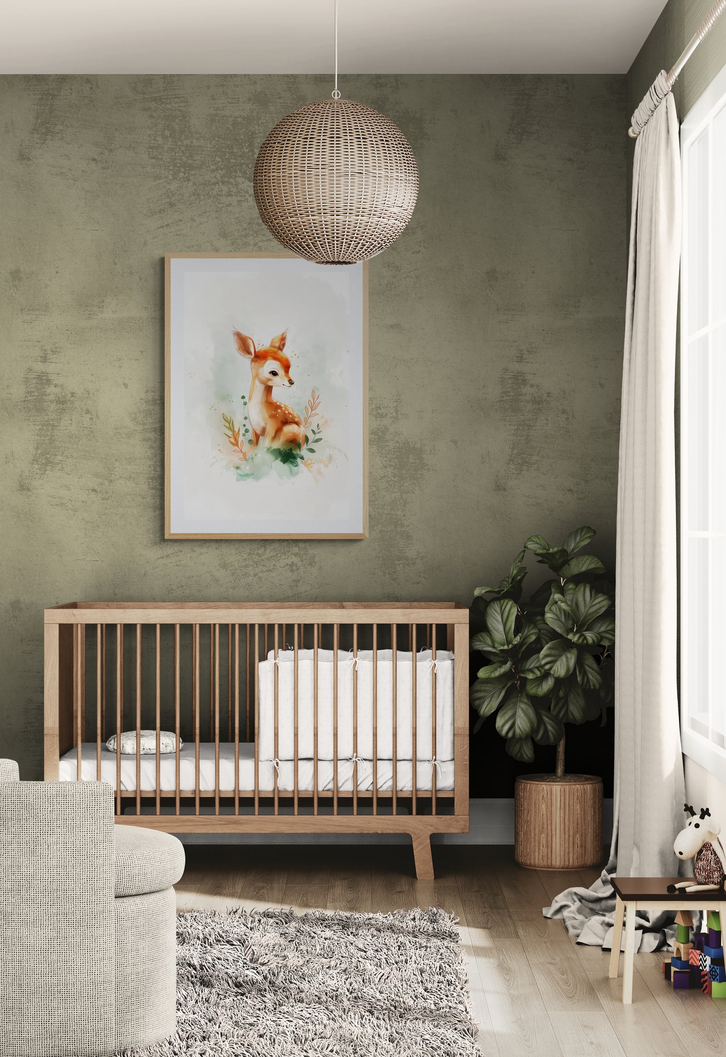 Whimsical Woodland Fawn Watercolor Print – Gentle Baby Deer Nursery Wall Art in Soft Greens and Warm Browns