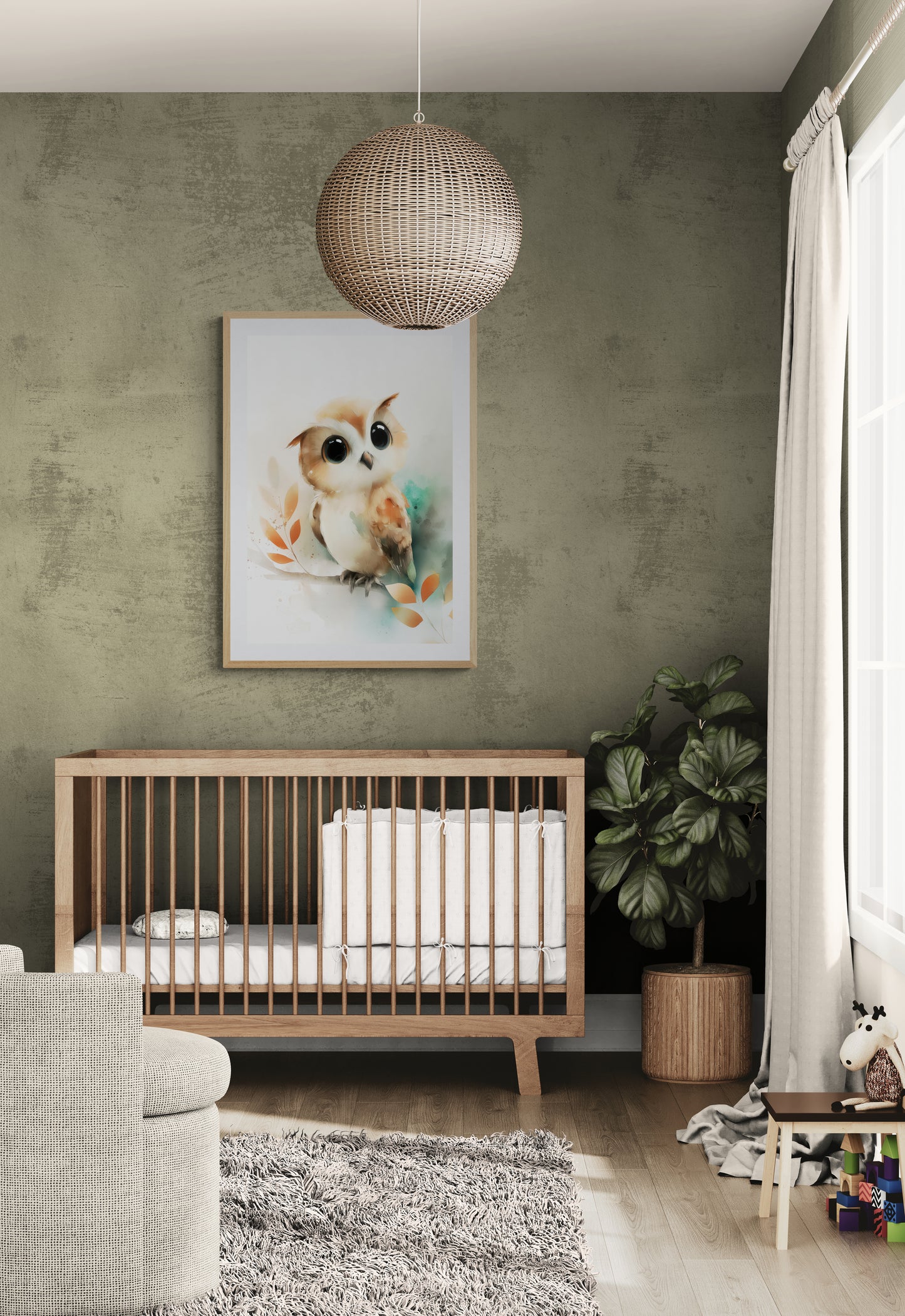 Whimsical Baby Owl Watercolor Art Print – Woodland Nursery Wall Art in Soft Beige, Teal, and Orange