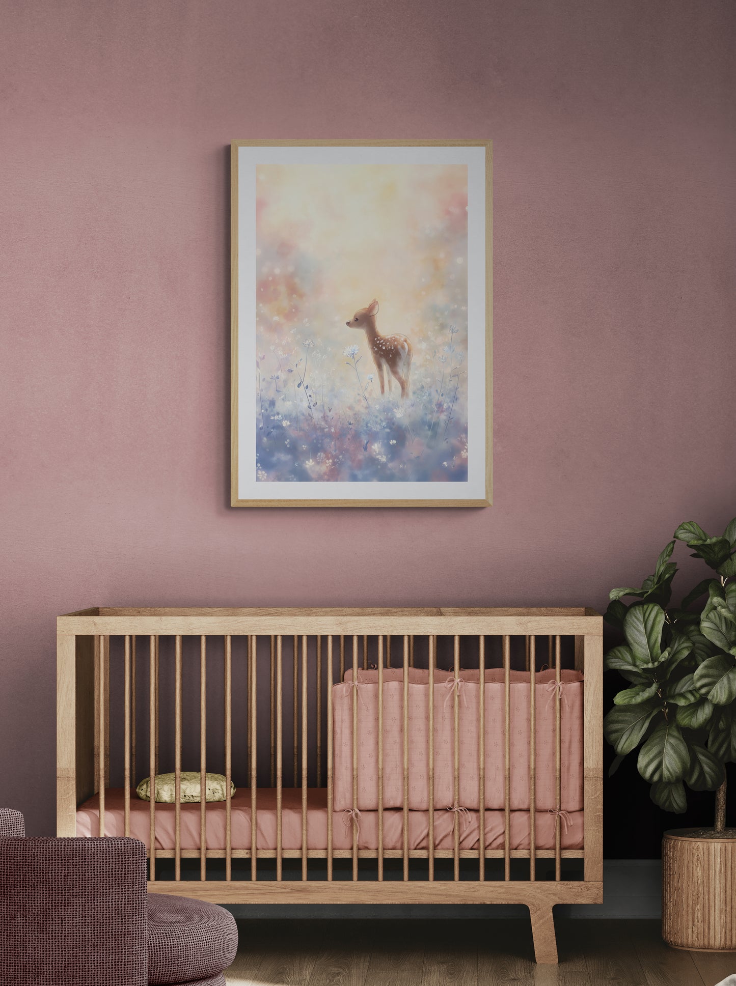 Dreamy Fawn in a Wildflower Meadow – Soft Pastel Digital Watercolor Nursery Art Print