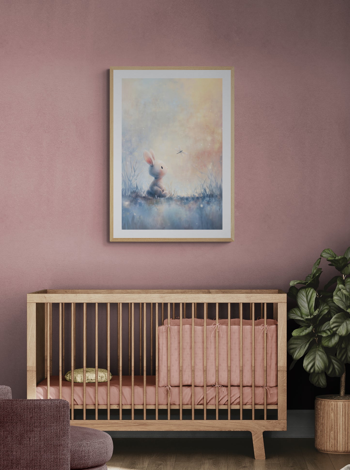 Dreamy Bunny and Dragonfly Meadow - Whimsical Pastel Digital Painting Nursery Wall Art
