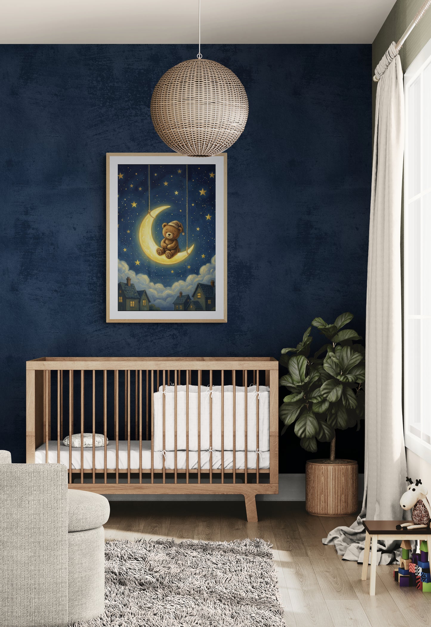 Sleepy Teddy on a Crescent Moon – Whimsical Celestial Night Sky Digital Illustration in Navy and Gold for Nursery Wall Art