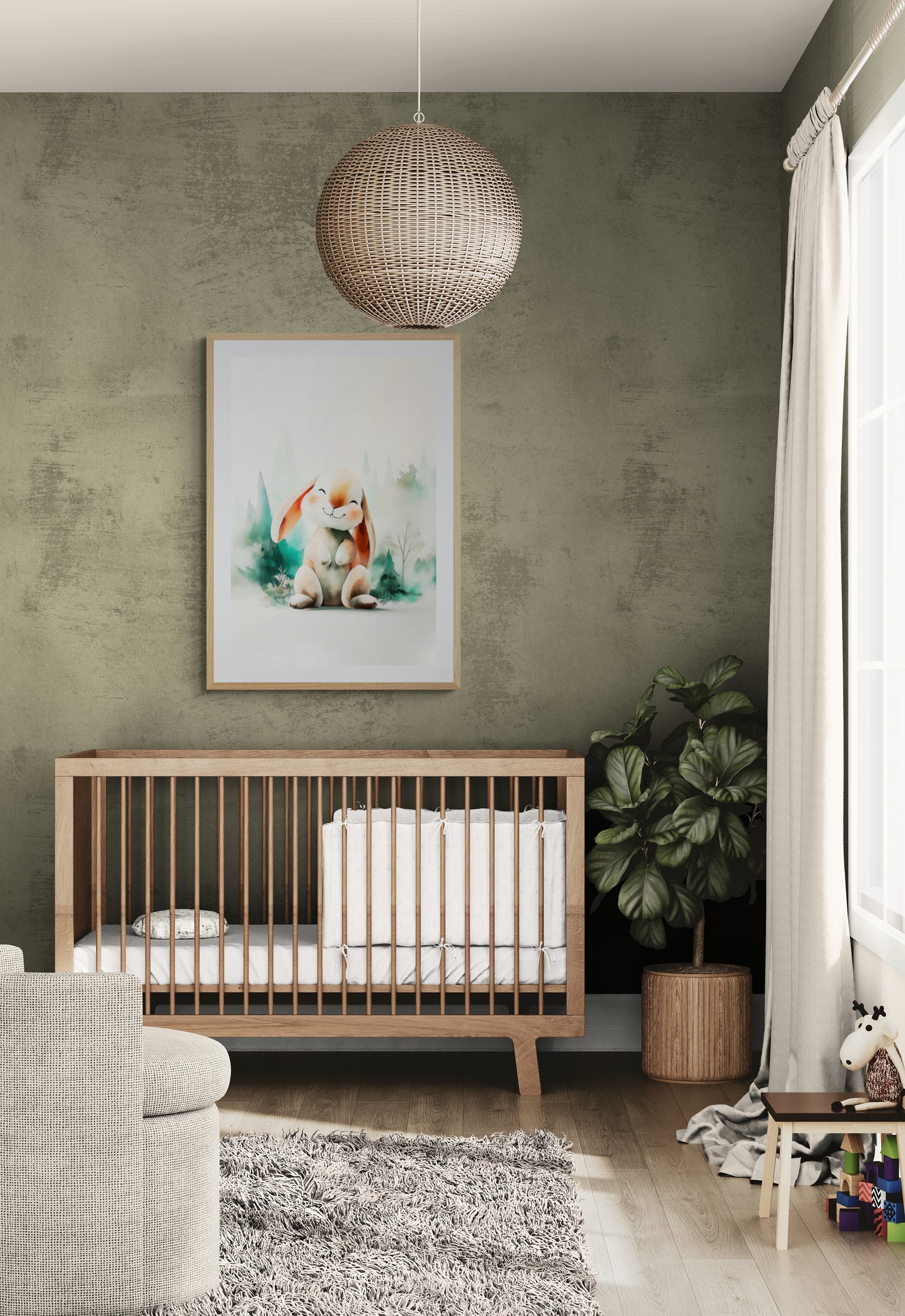 Smiling Woodland Bunny Watercolor – Whimsical Nursery Wall Art in Soft Green and Peach