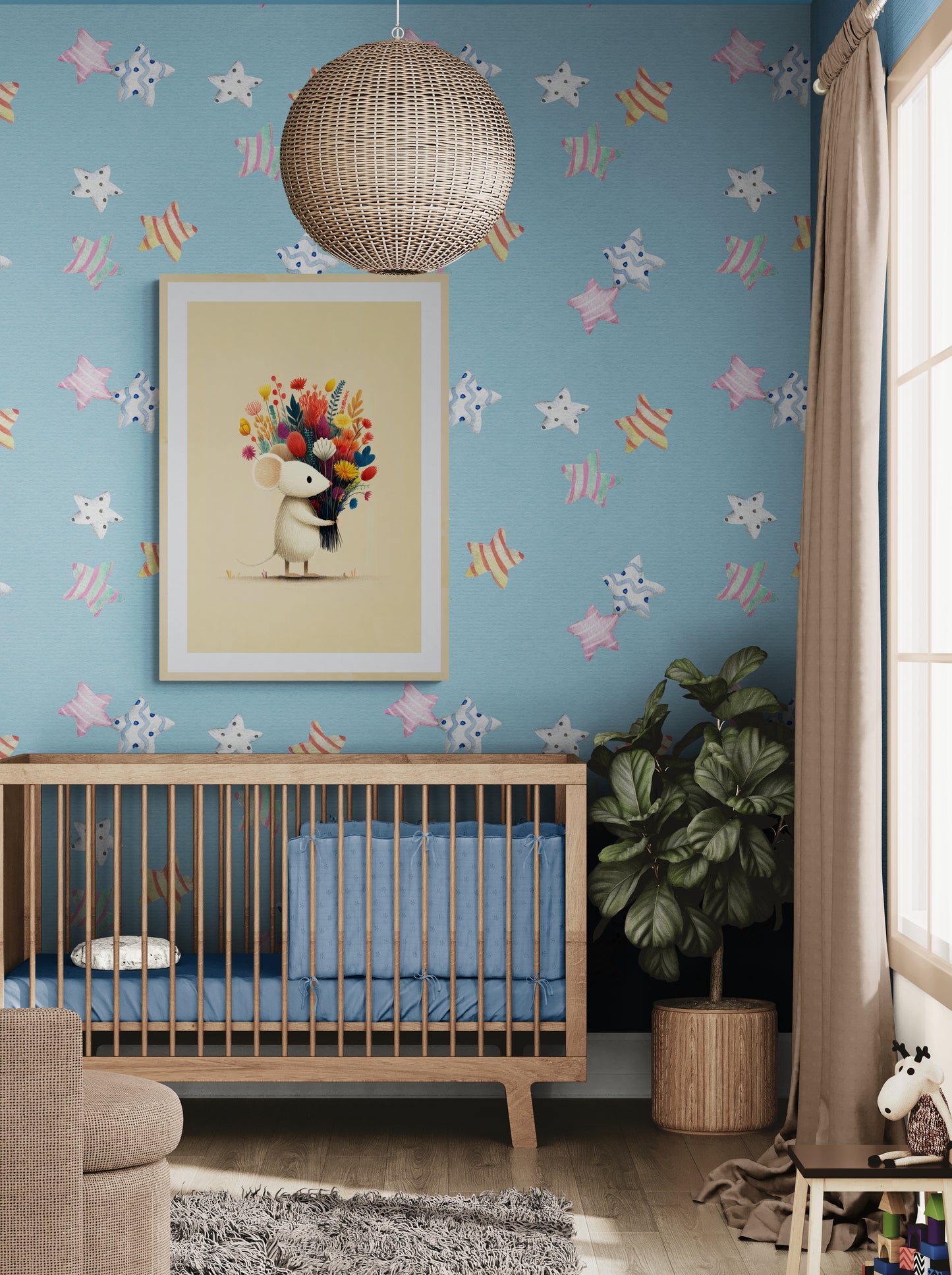 Whimsical Little Mouse with Wildflower Bouquet – Minimalist Nursery Wall Art Illustration on Soft Beige