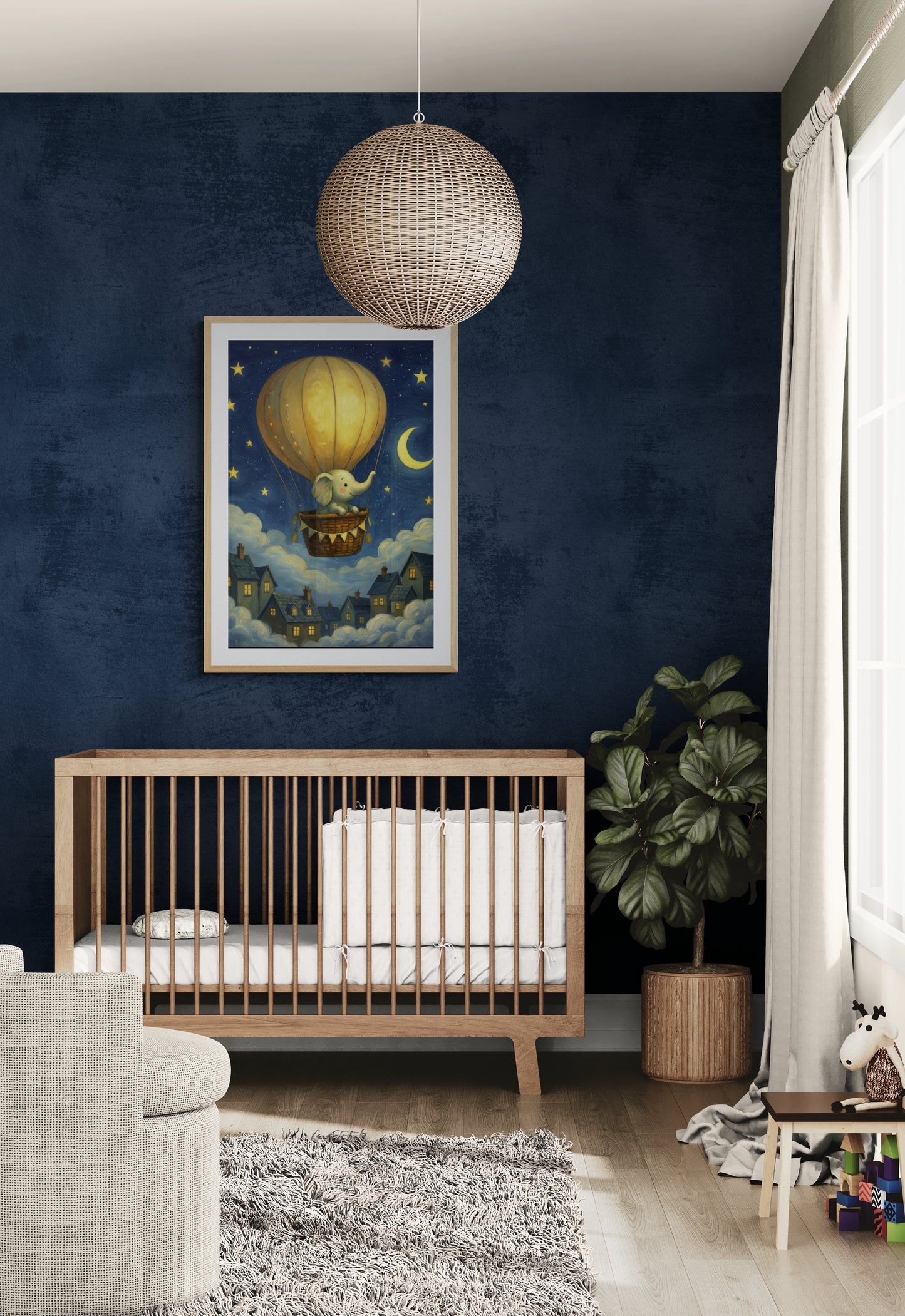 Dreamy Elephant Balloon Ride Under Moon and Stars - Whimsical Gouache Nursery Wall Art Print
