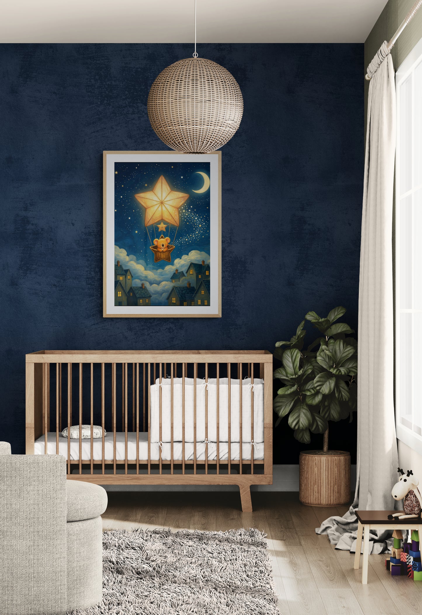 Sleepy Koala in Star Balloon Over Moonlit Village – Dreamy Celestial Nursery Wall Art Print, Digital Illustration